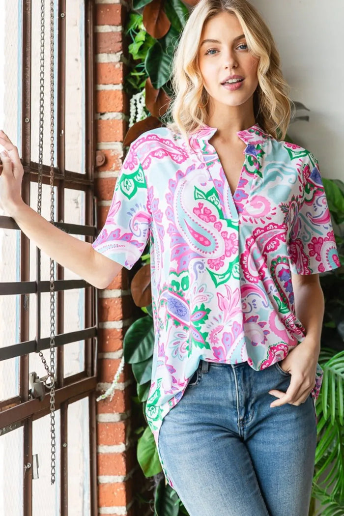 Heimish Full Size Paisley Print Short Sleeve Top - Lilixa.store