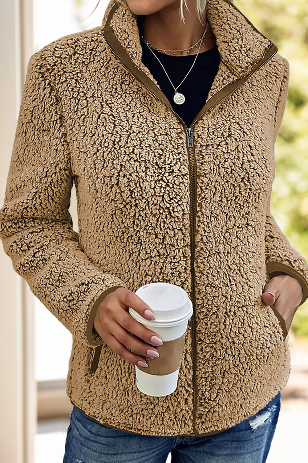 Pocketed Zip Up Turtleneck Jacket in Camel