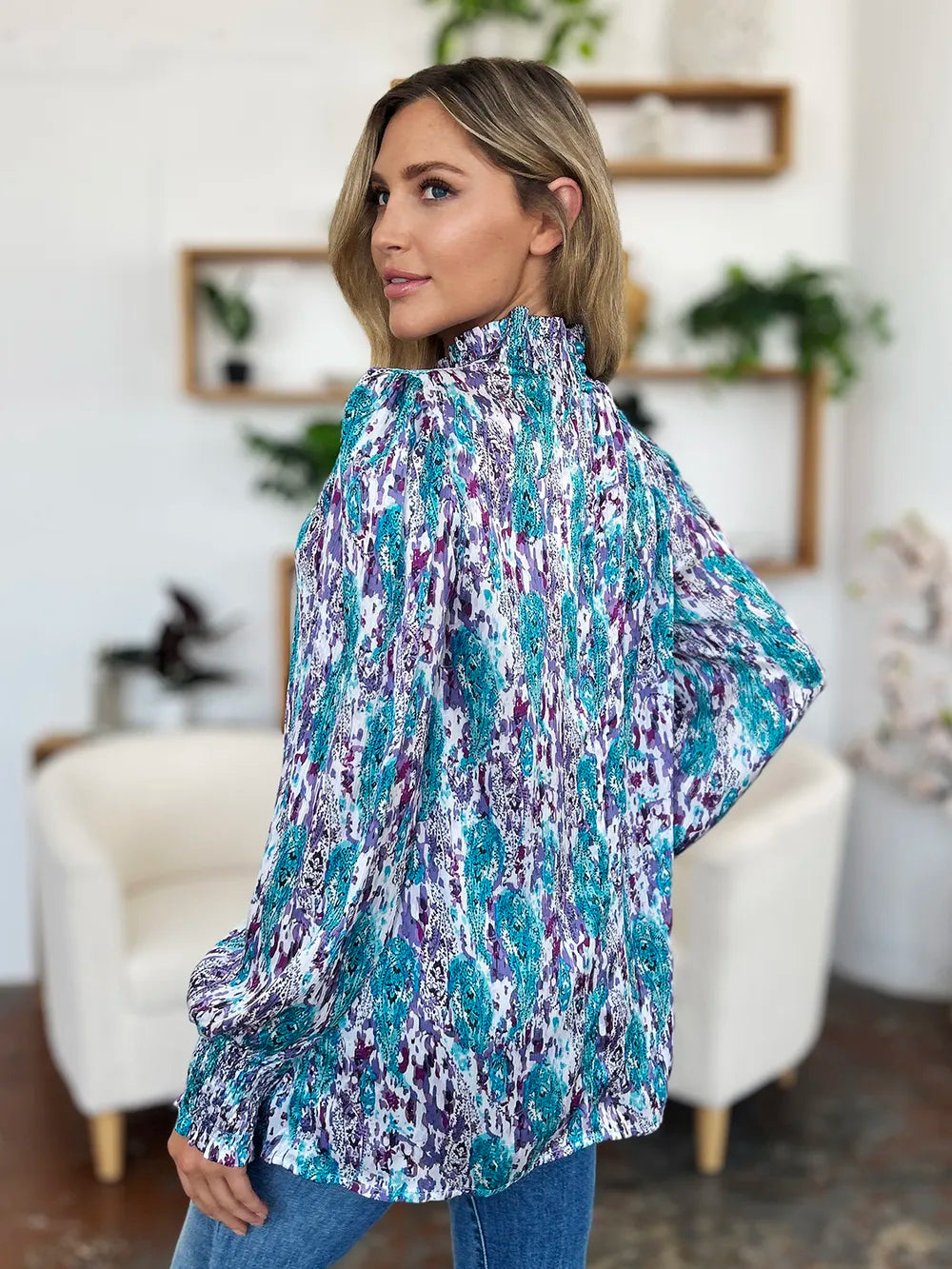 Double Take Full Size Printed Smocked Long Sleeve Blouse - Lilixa.store