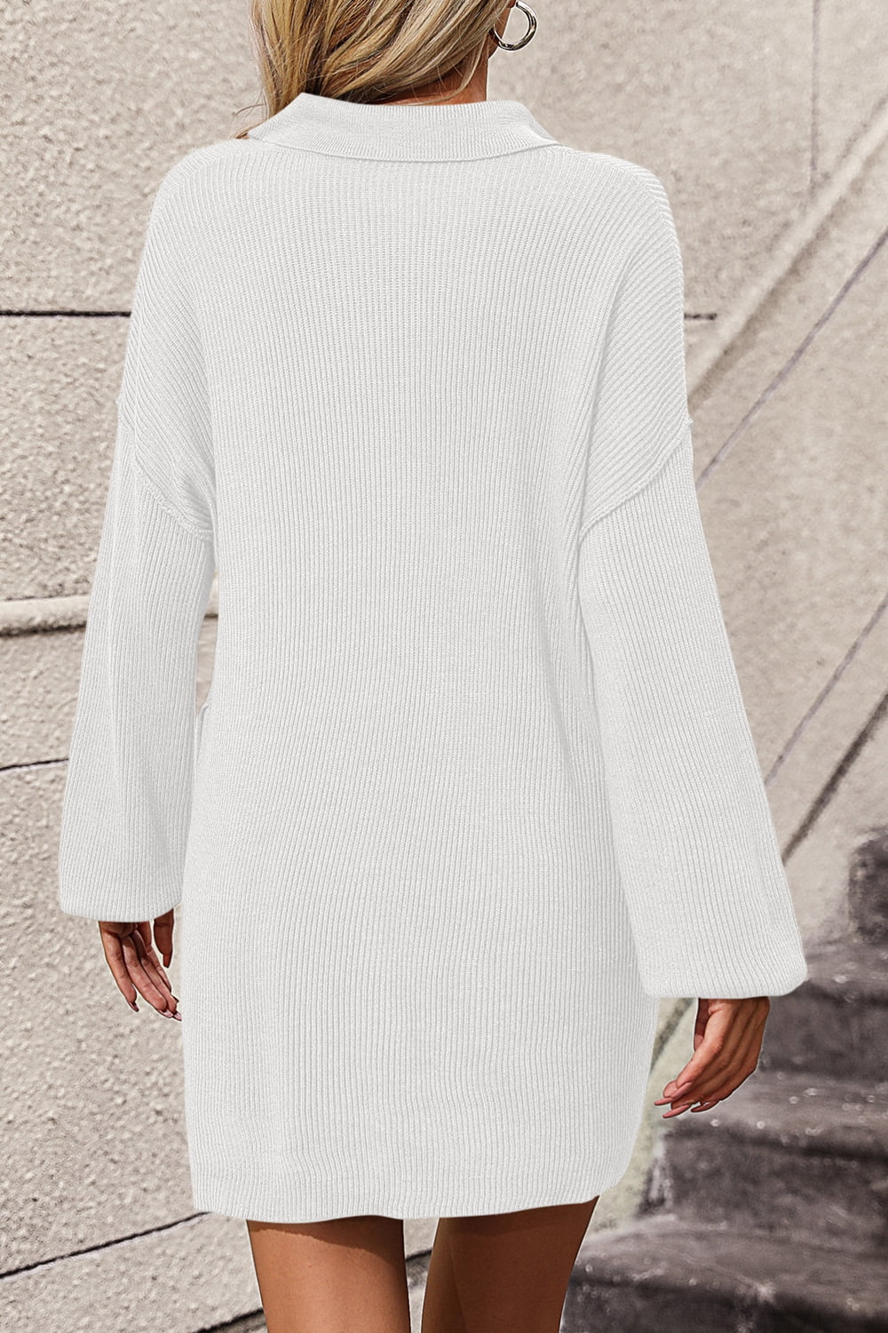 Johnny Collar Drop Shoulder Sweater Dress in White, view 2