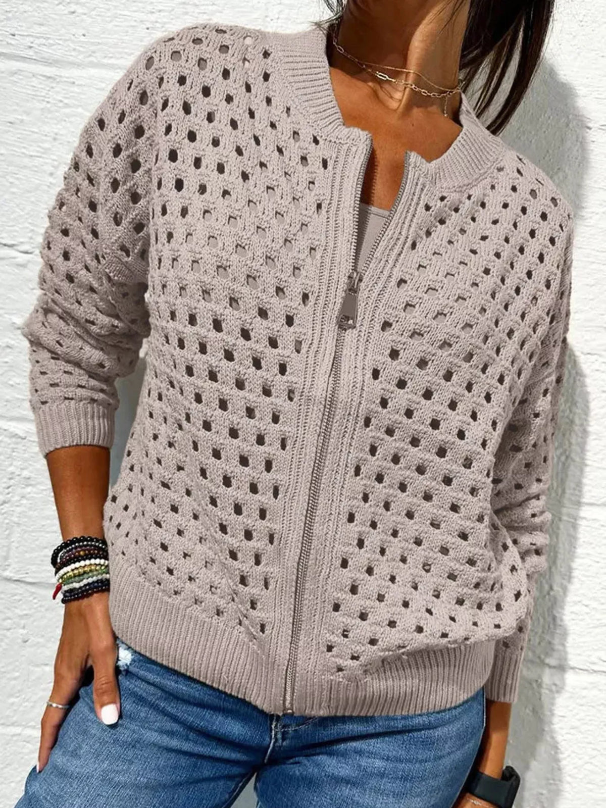 Full Size Crochet Knit Zip-Up Cardigan Plus Size - Lilixa.store