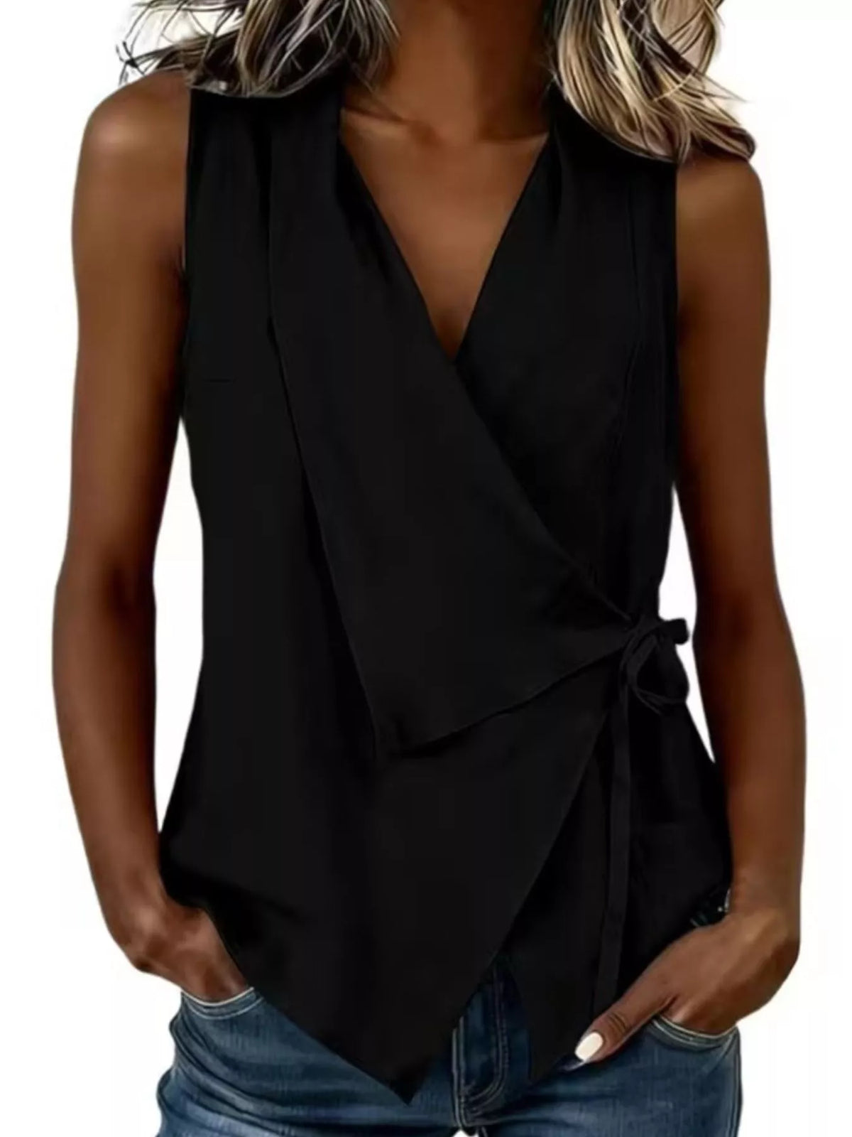 Tie Detail Sleeveless Top in Black