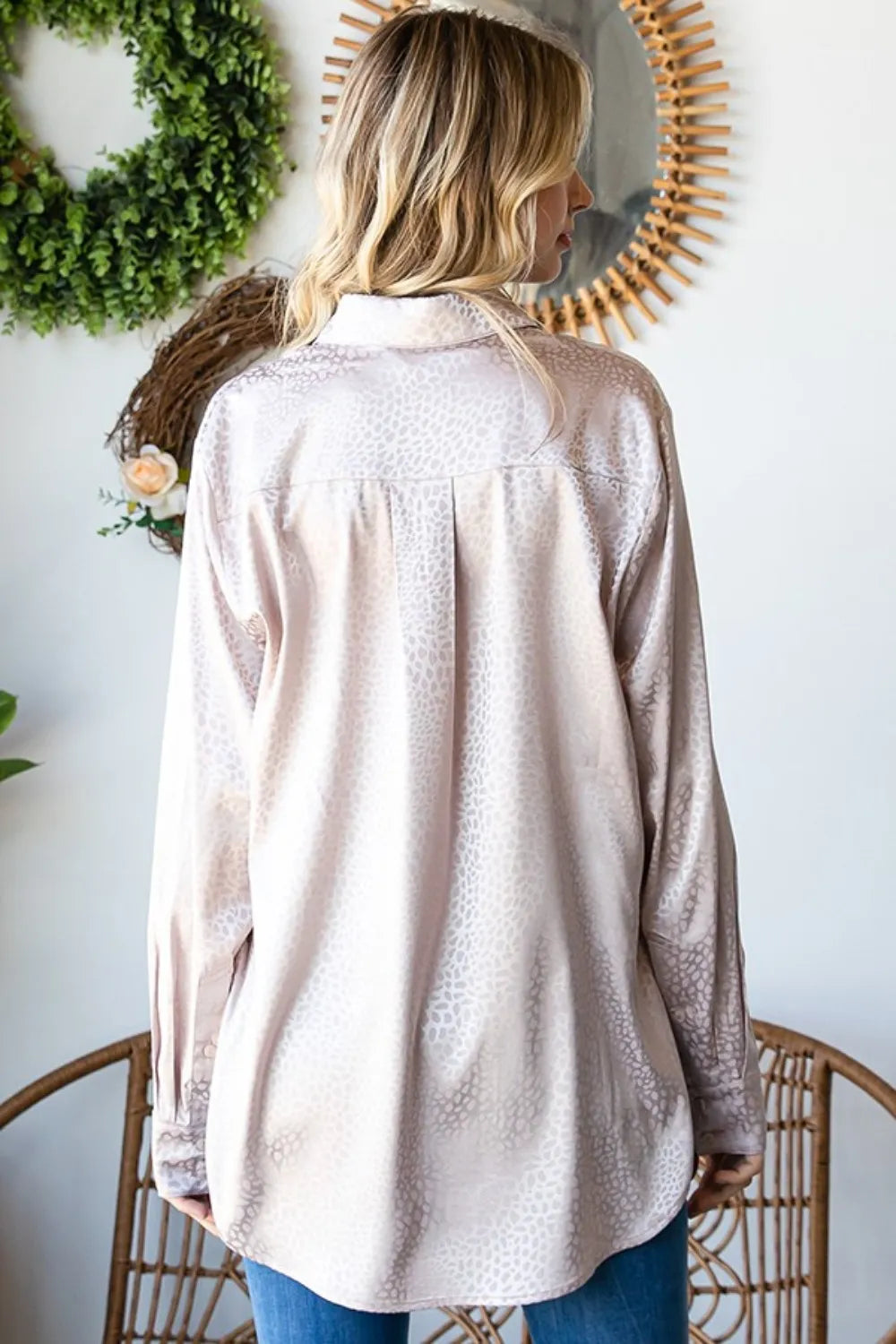 First Love Full Size Ditsy Dot Button Down Collared Satin Shirt - Lilixa.store