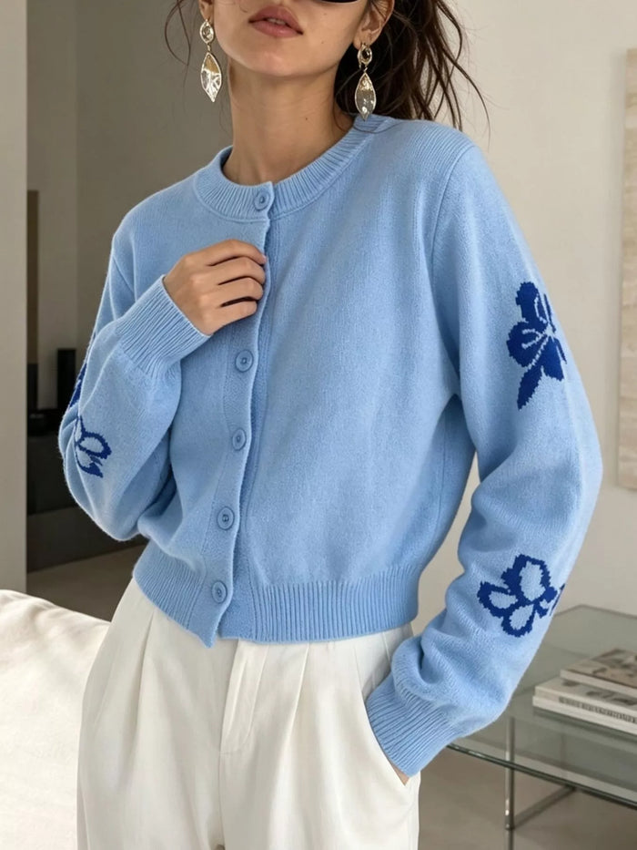 Floral Crew Neck Cropped Knit Cardigan in Blue