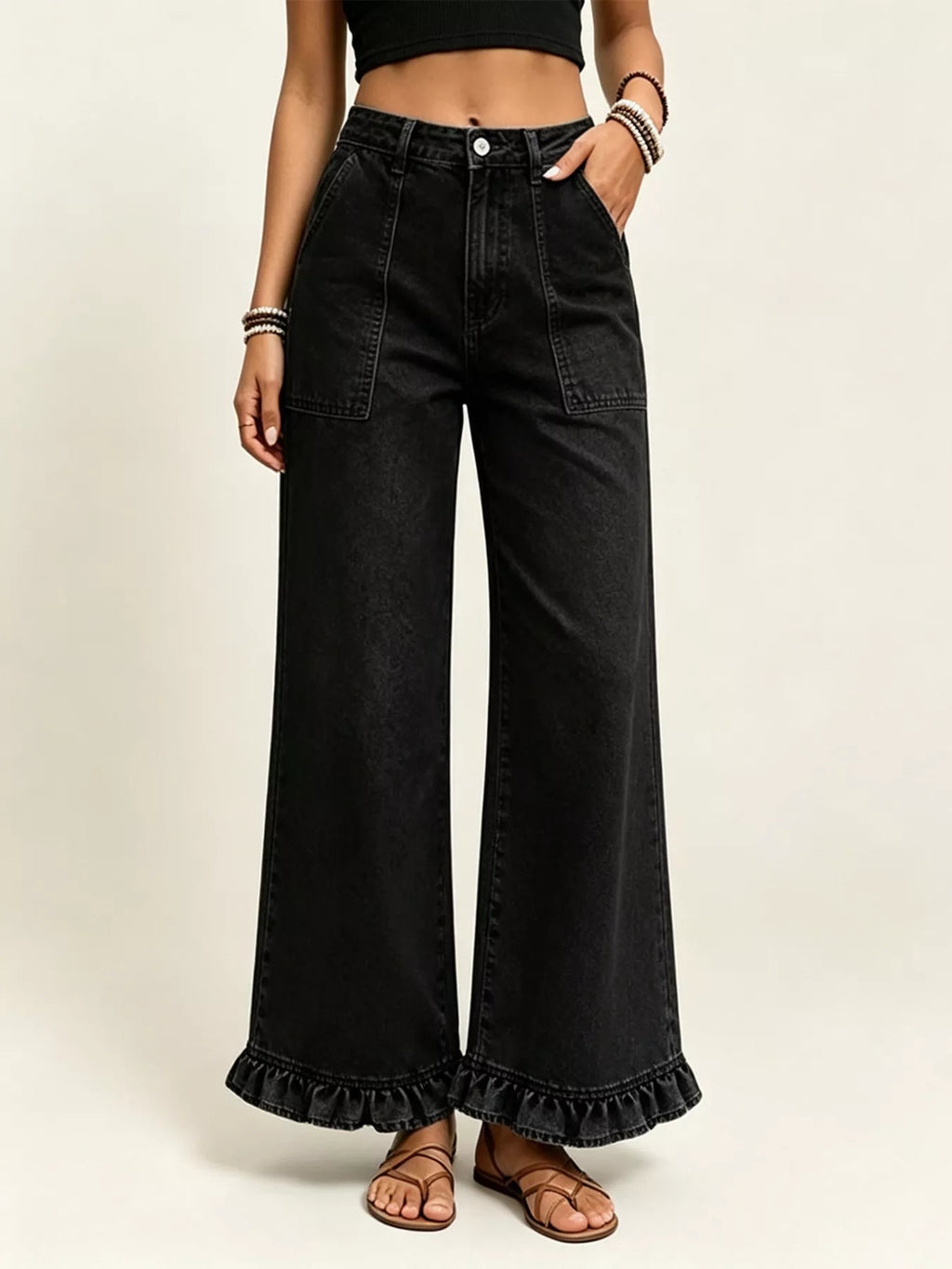 High-Waisted Wide-Leg Ruffle Hem Jeans - Lilixa.store