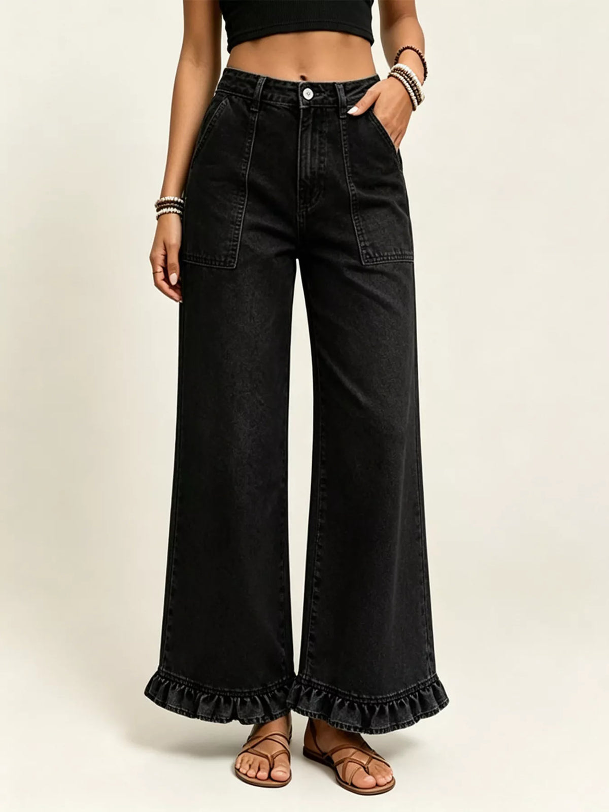 High-Waisted Wide-Leg Ruffle Hem Jeans - Lilixa.store