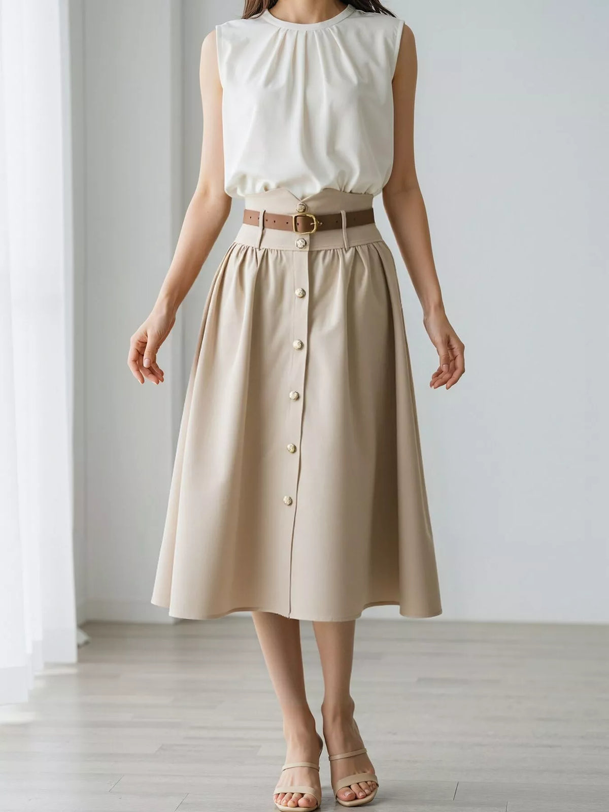 High-Waisted A-Line Midi Skirt
