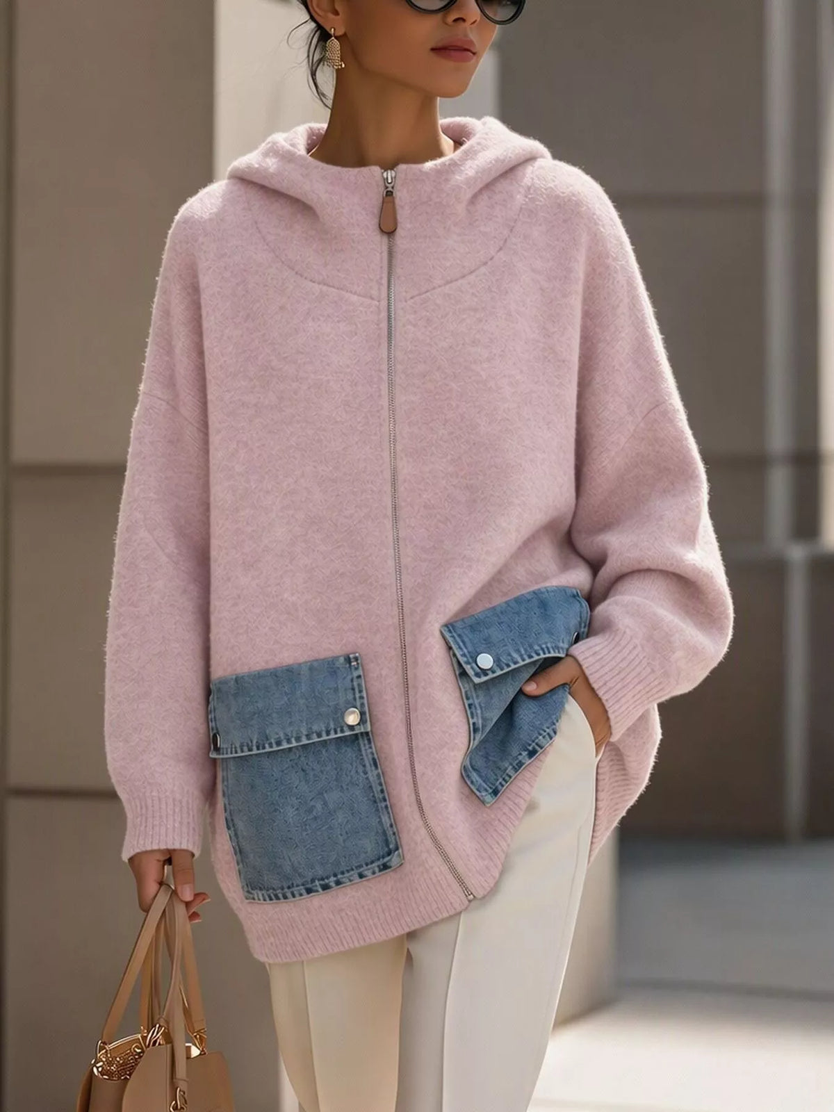 Contrast Denim Pockets Hooded Cardigan - Lilixa.store