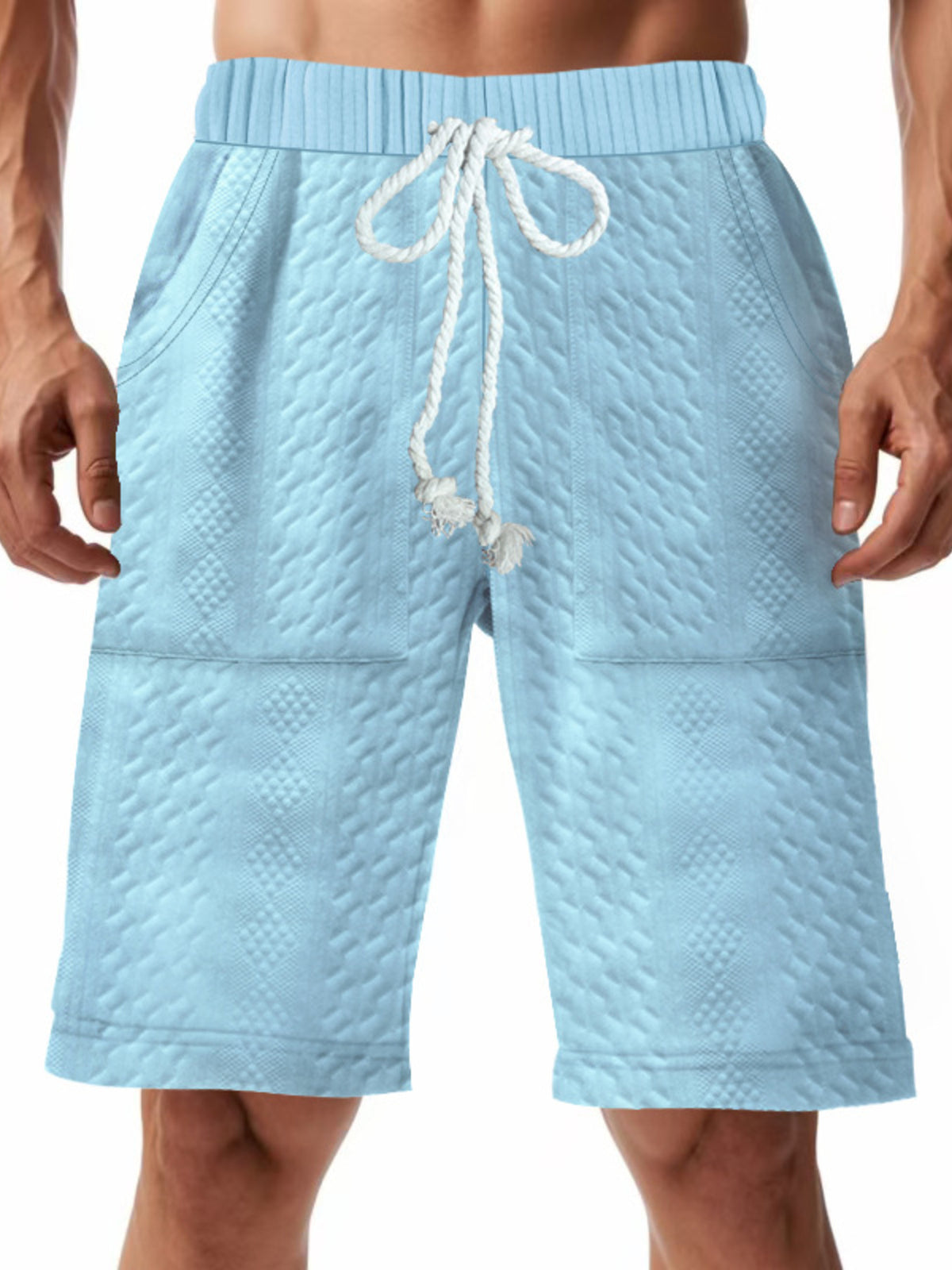 Men's Full Size Texture Drawstring Shorts Plus Size in Light Blue