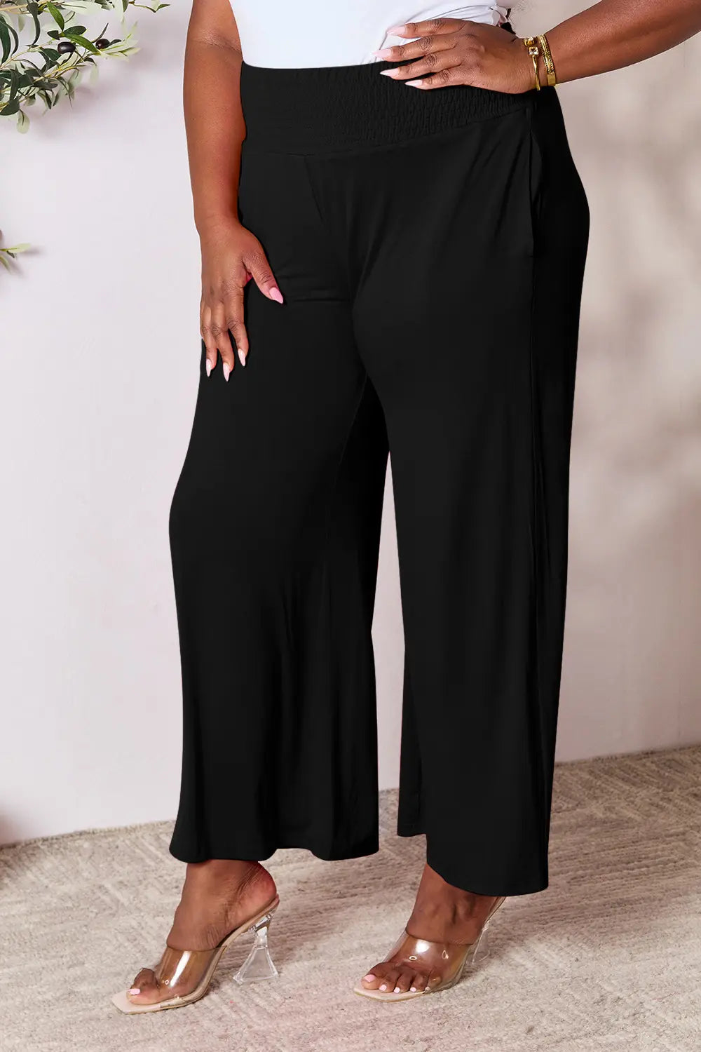 Basic Bae Full Size Smocked Wide Waistband Wide Leg Pants - Lilixa.store
