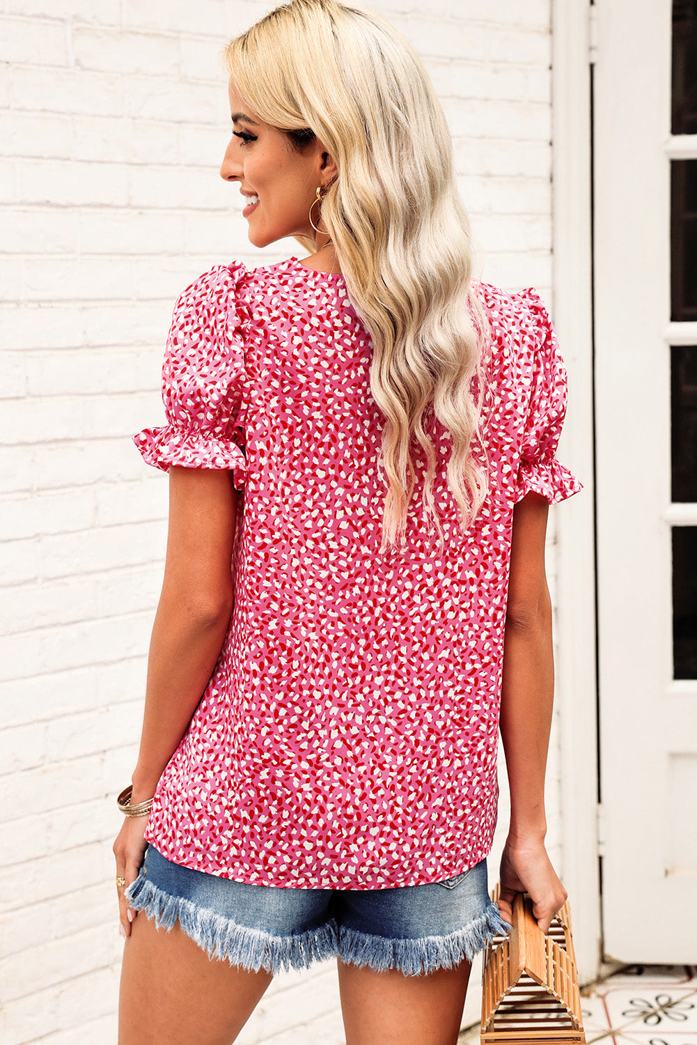 Printed Flounce Sleeve Plunge Blouse - Lilixa.store