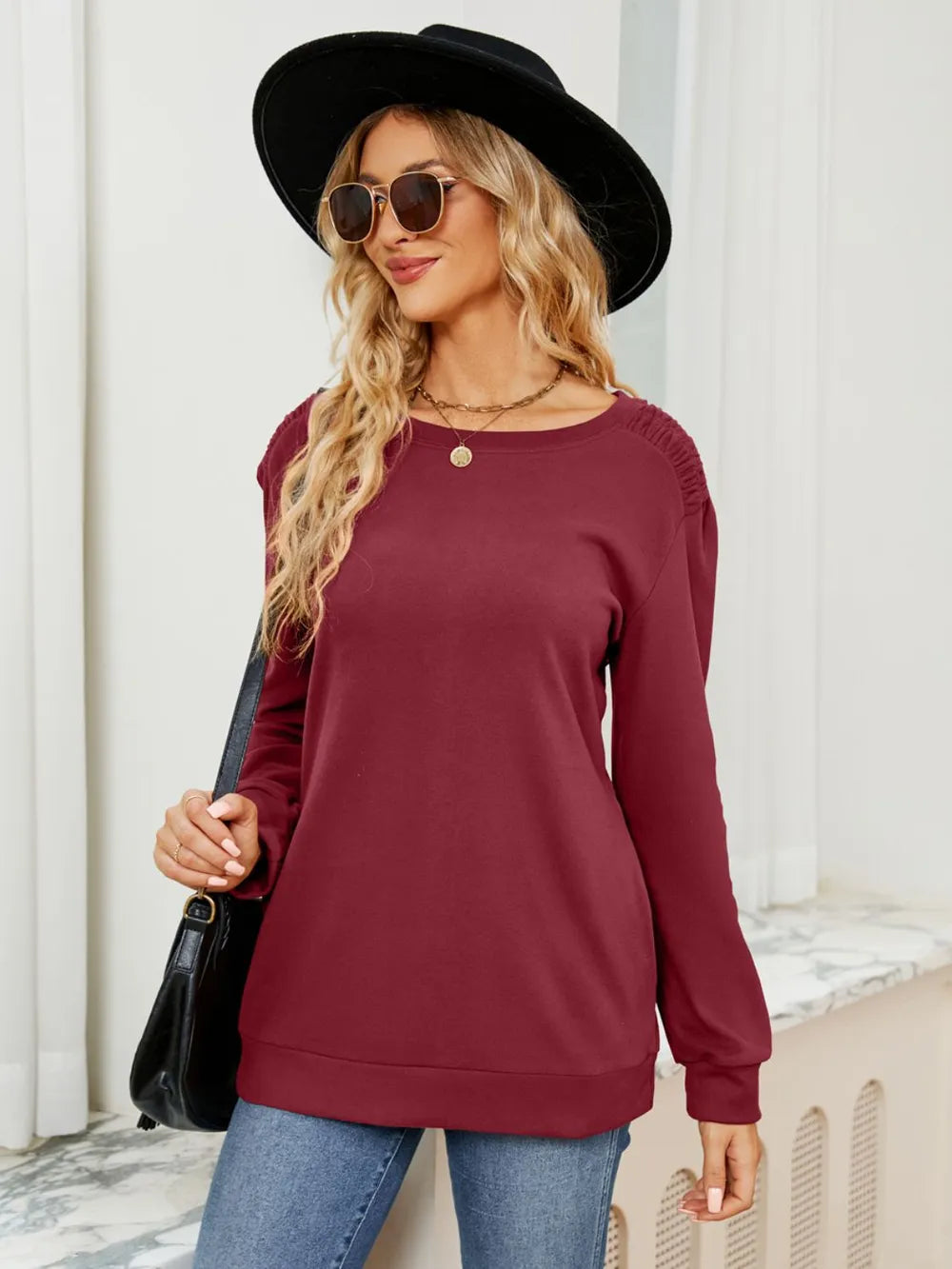Ruched Shoulder Round Neck Long Sleeve Sweatshirt - Lilixa.store