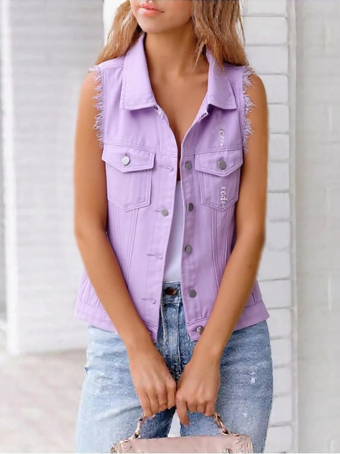 Full Size Sleeveless Frayed Denim Vest Jacket Plus Size in Lavender