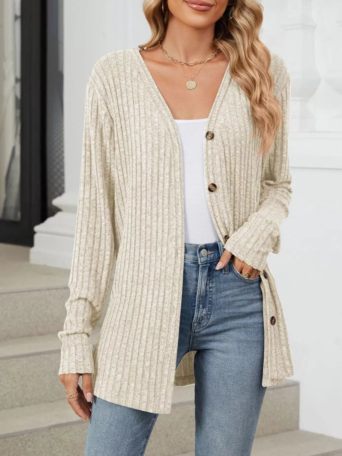 Ribbed Button-Up Cardigan - Lilixa.store