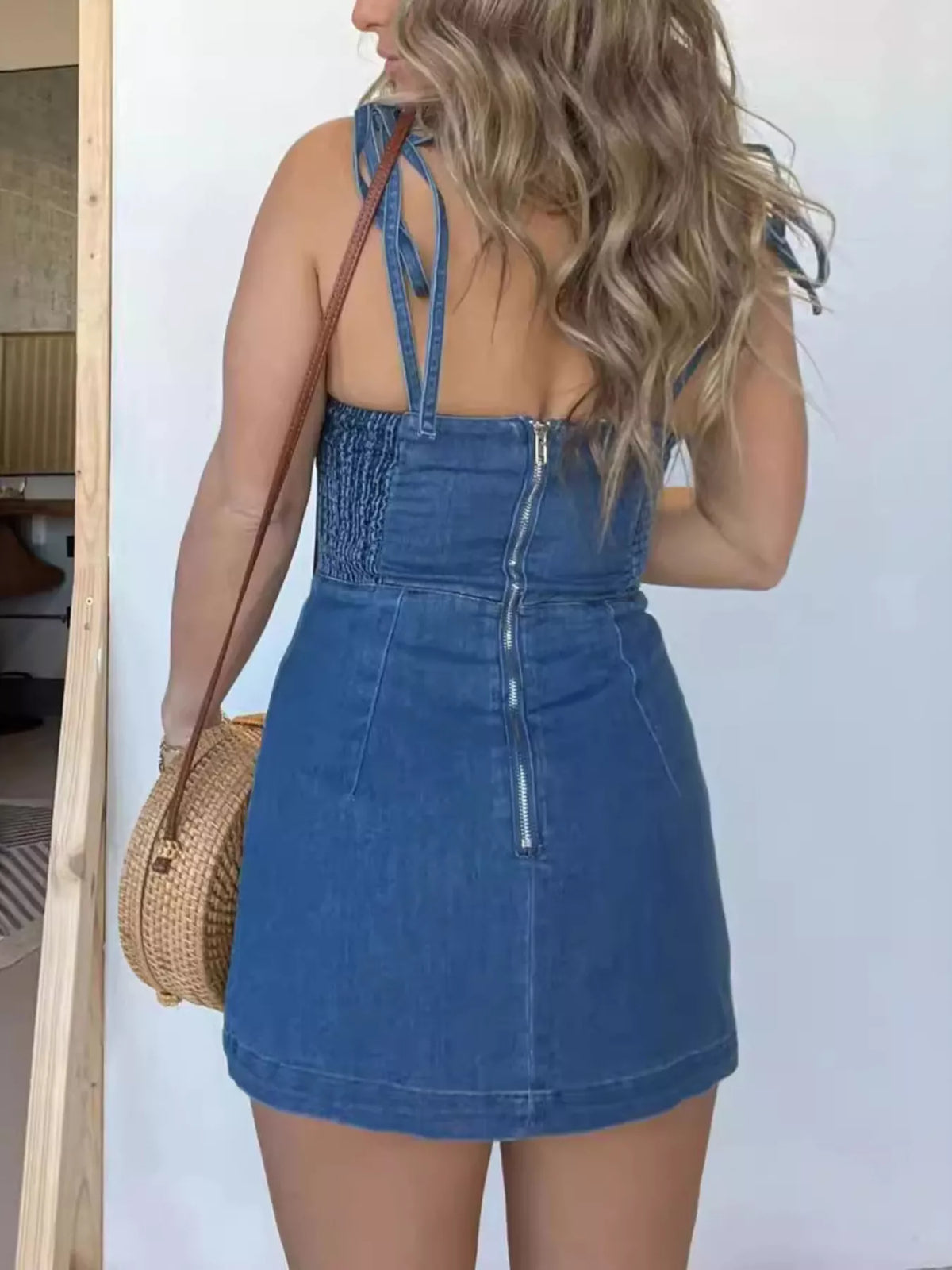 Full Size Tie-Strap Denim Mini Dress Plus Size, view 6