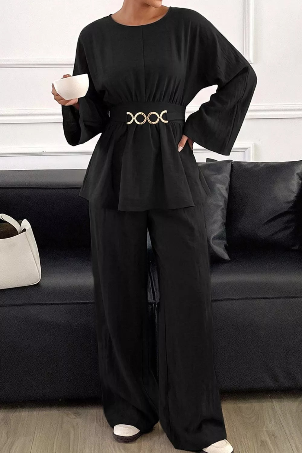 Metal Chain Waist Detail Top and Pants Set - Lilixa.store
