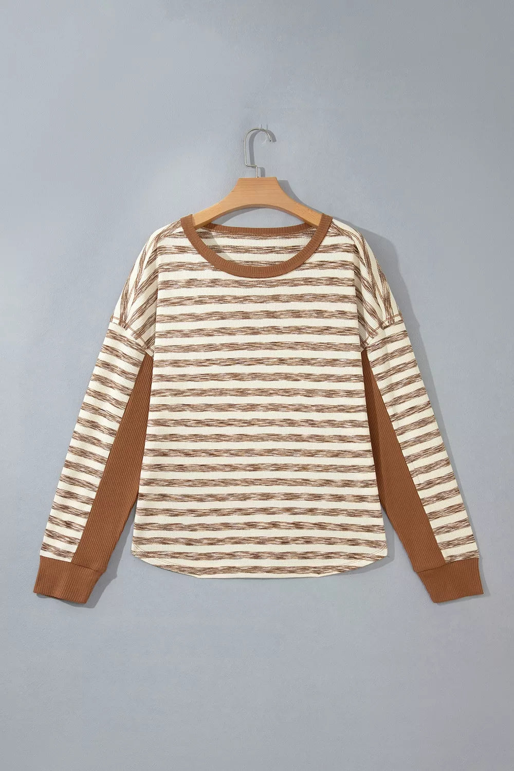 Stripe Textured Knit Color Block Trim Long Sleeve Round Neck Top - Lilixa.store