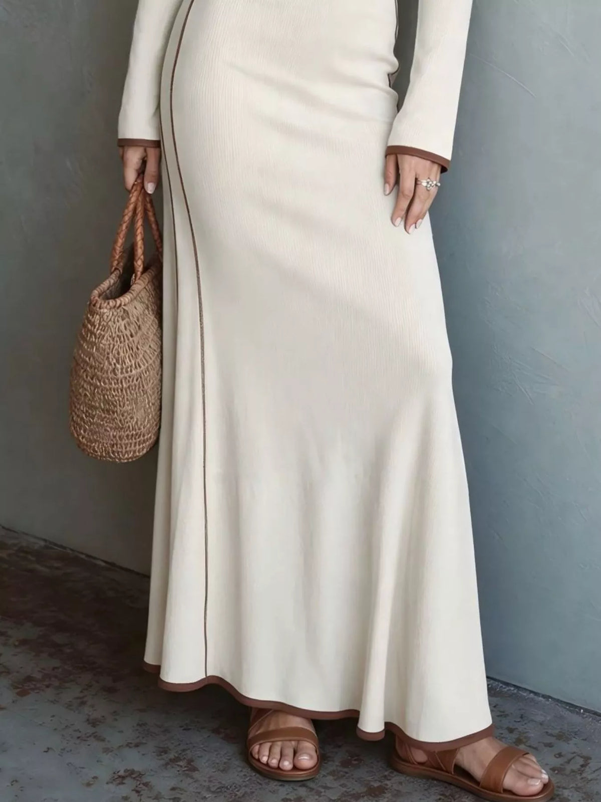 Full Size Contrast Trim Zip-Up Long Sleeve Knit Maxi Dress Plus Size - Lilixa.store