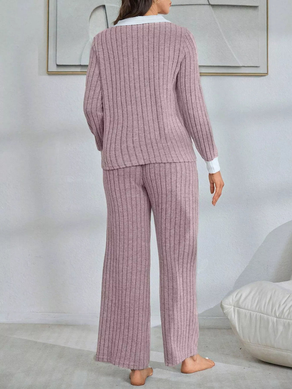 Ribbed Knit Polo Collar Top and Pants Lounge Set - Lilixa.store