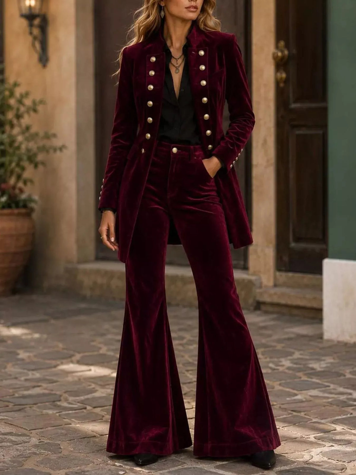 Velvet Double-Breasted Blazer and Flare Pants Set in Wine Red