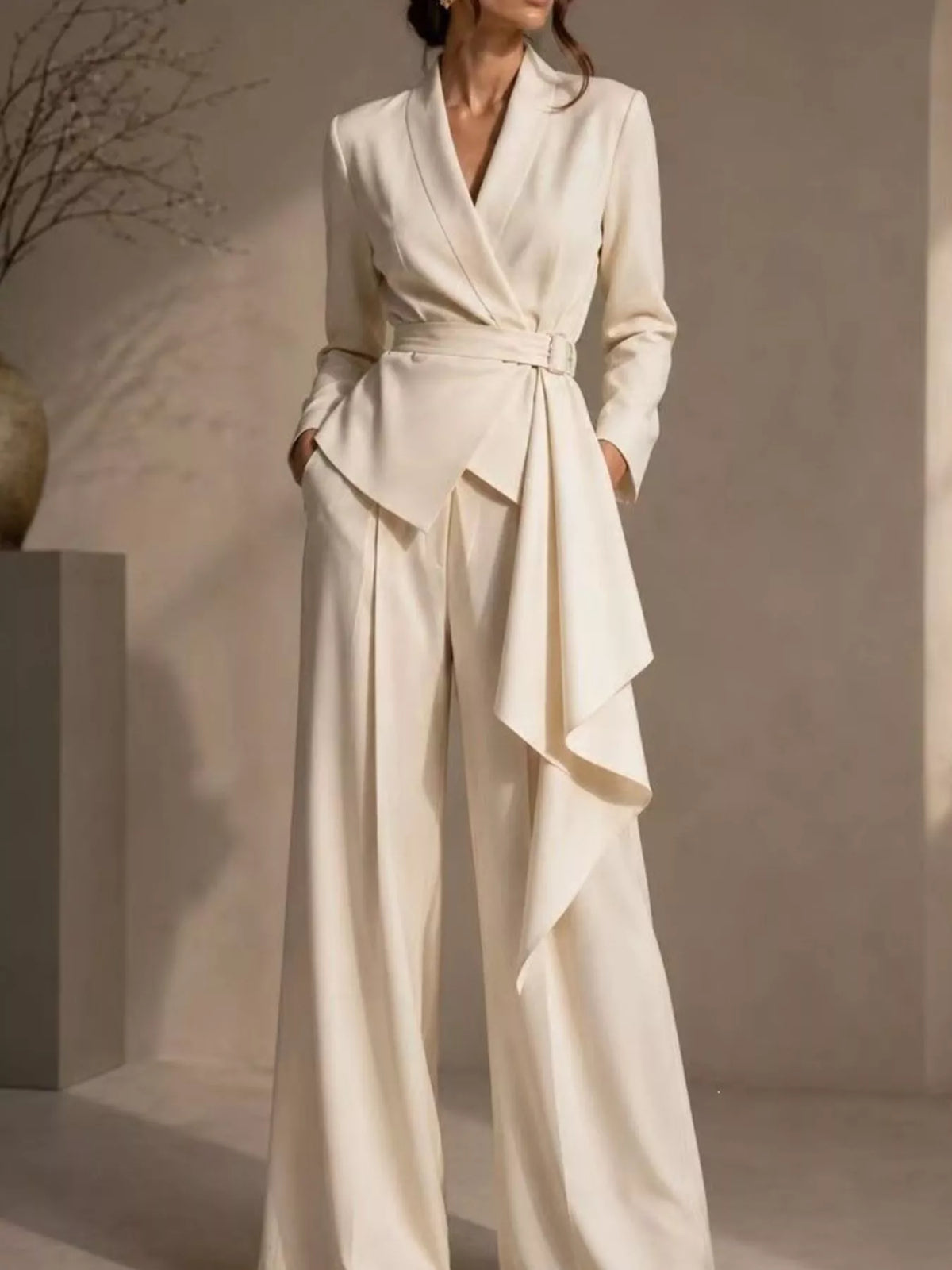 Full Size Belted Blazer and Wide-Leg Pants Set Plus Size - Lilixa.store