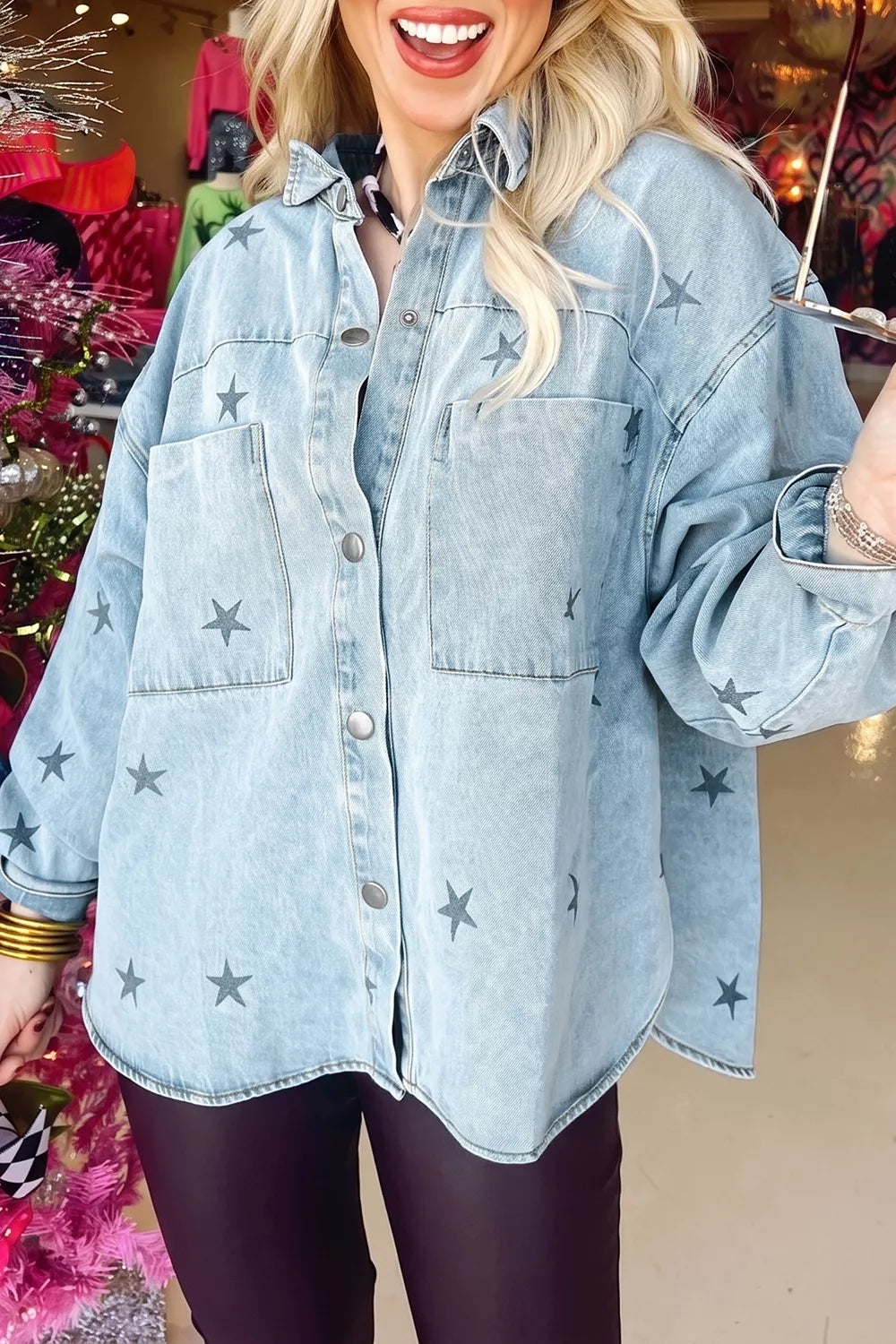 Light Wash Star Print Denim Jacket in Light Blue, view 3