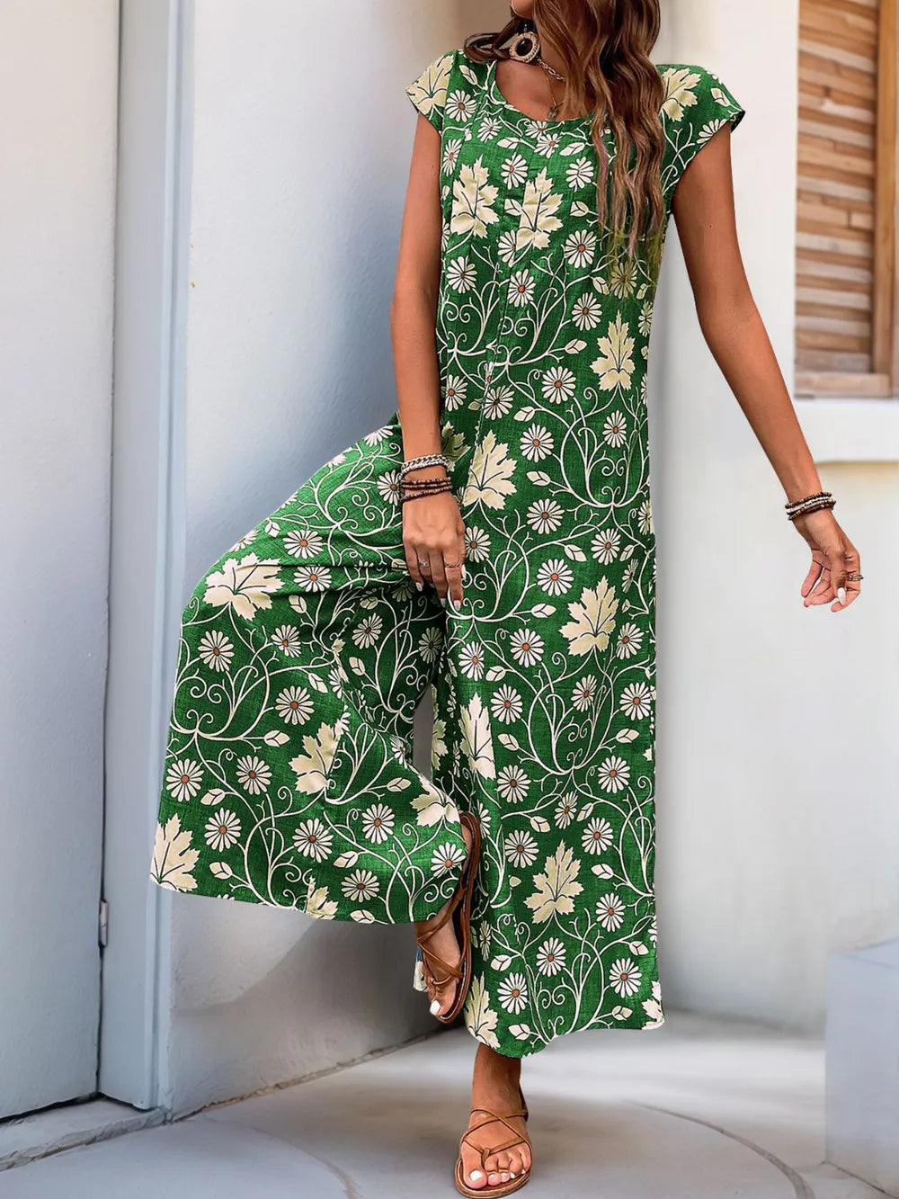 Perfee Printed Round Neck Cap Sleeve Wide Leg Jumpsuit - Lilixa.store