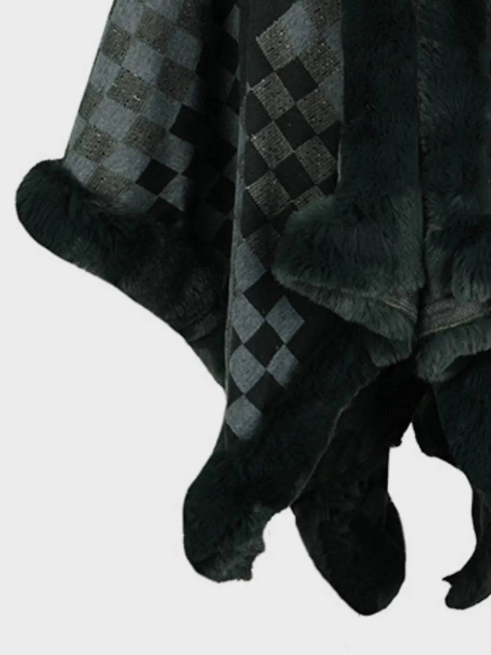 Fuzzy Checkered Long Sleeve Poncho - Lilixa.store