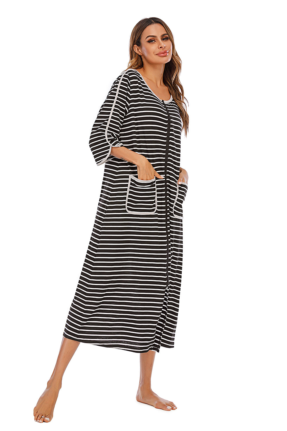 Round Neck Three-Quarter Sleeve Midi Night Dress - Lilixa.store