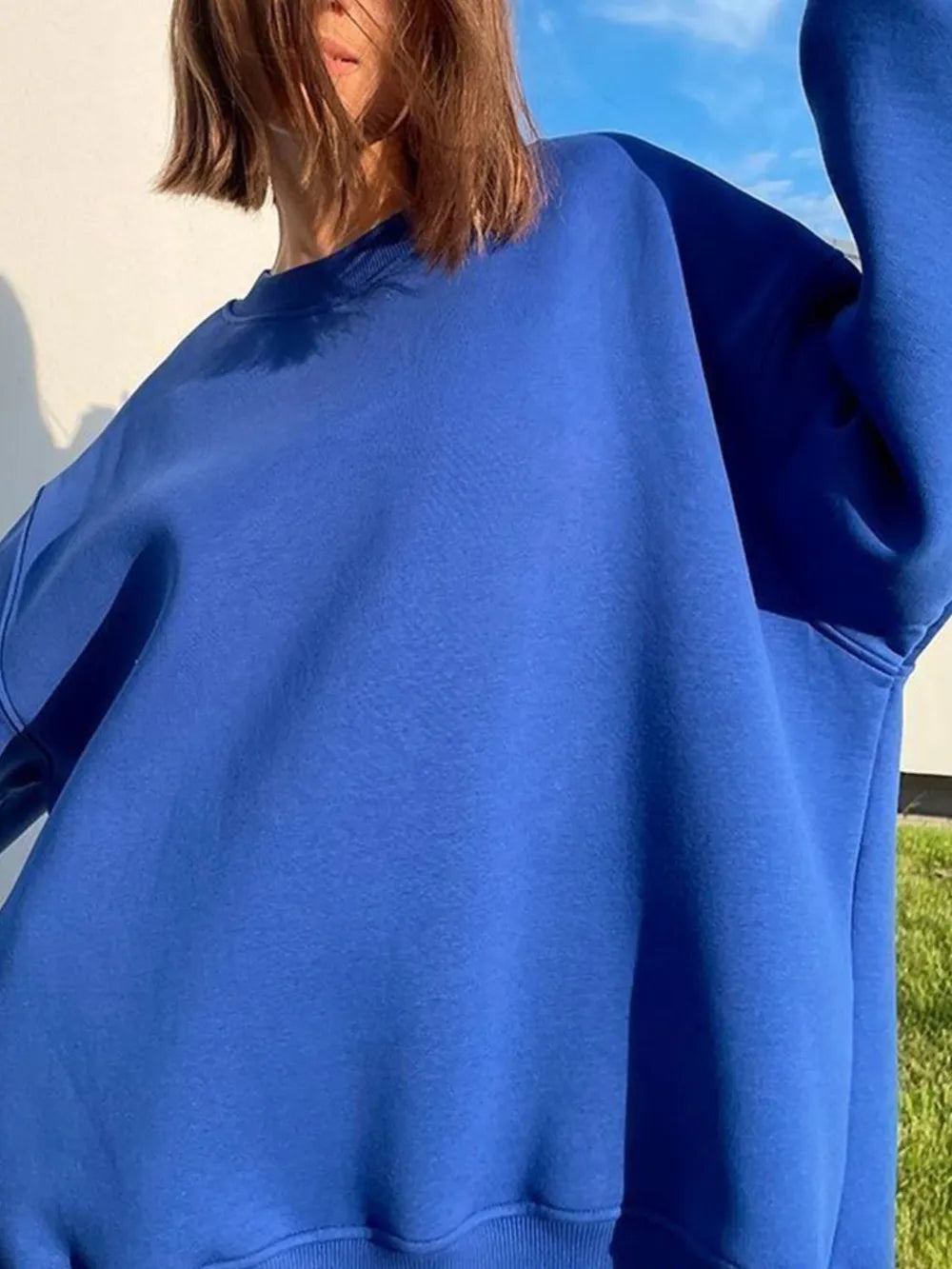 Round Neck Dropped Shoulder Long Sleeve Sweatshirt - Lilixa.store
