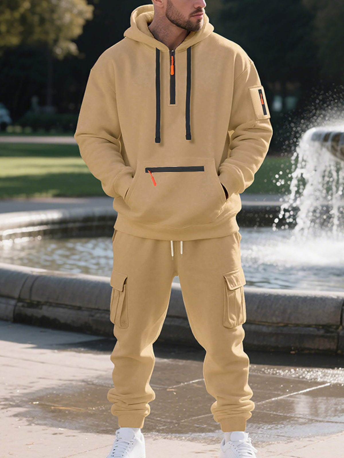 Men's Plus Size Tactical Cargo Hoodie and Jogger Set in Camel