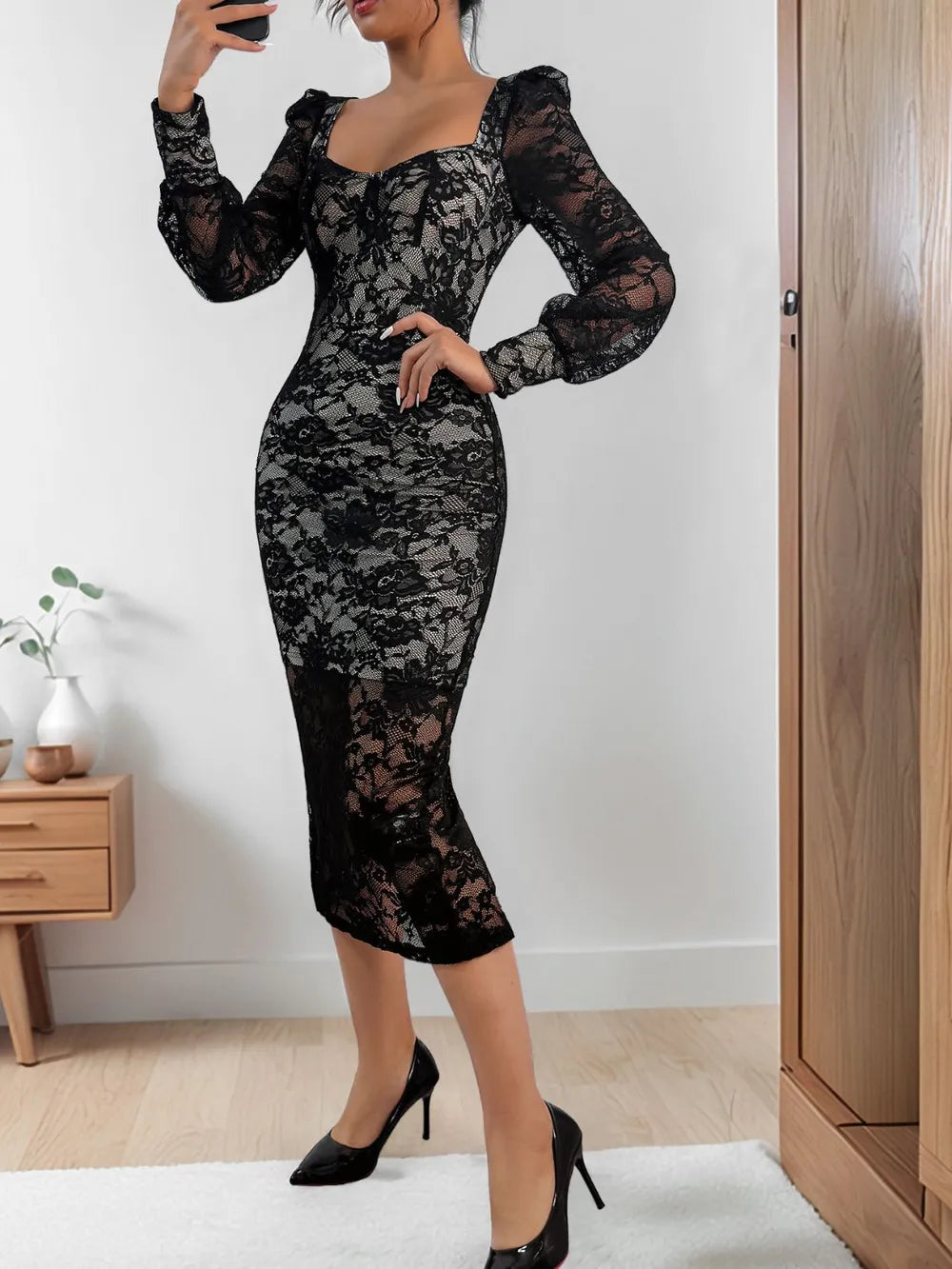 Perfee Lace Sweetheart Neck Long Sleeve Midi Dress - Lilixa.store