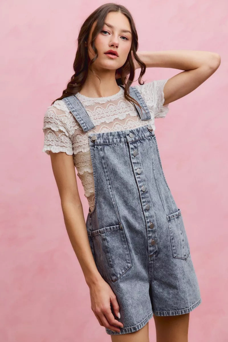 SO ME Denim Washed On Front With Adjustable Strap Romper - Lilixa.store