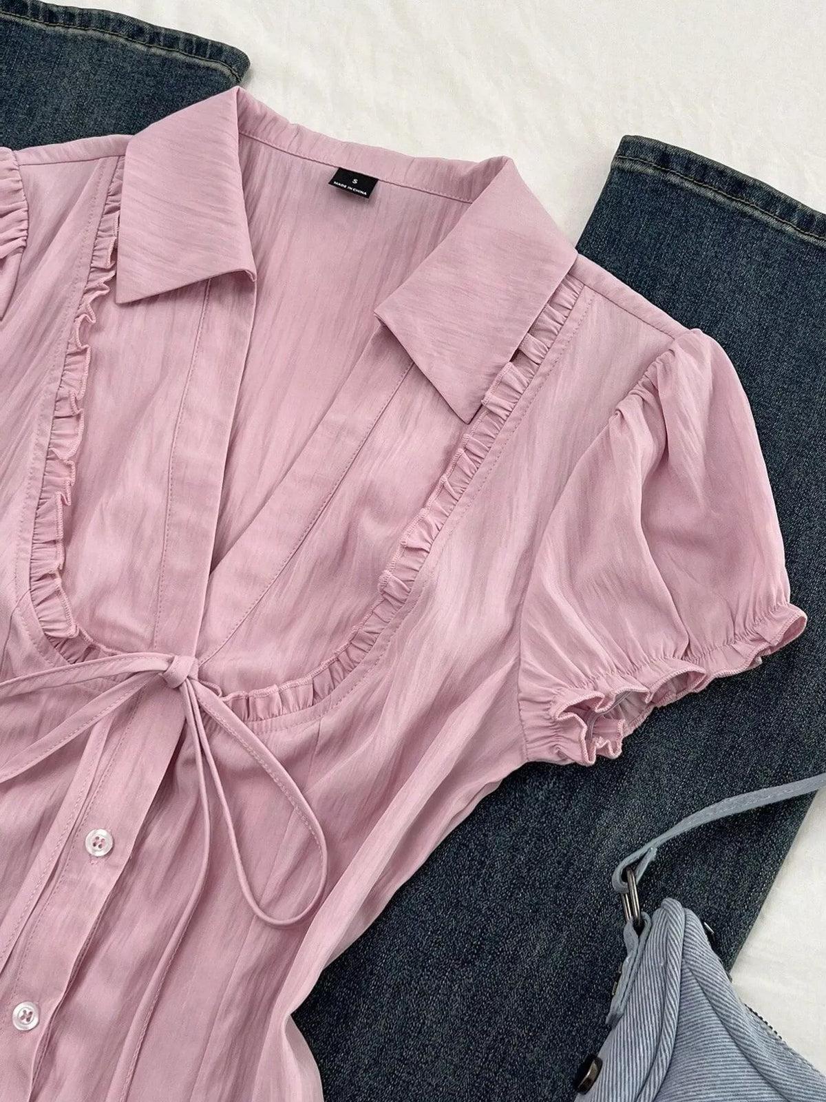 Frill Button Up Short Sleeve Shirt in Pink, view 4