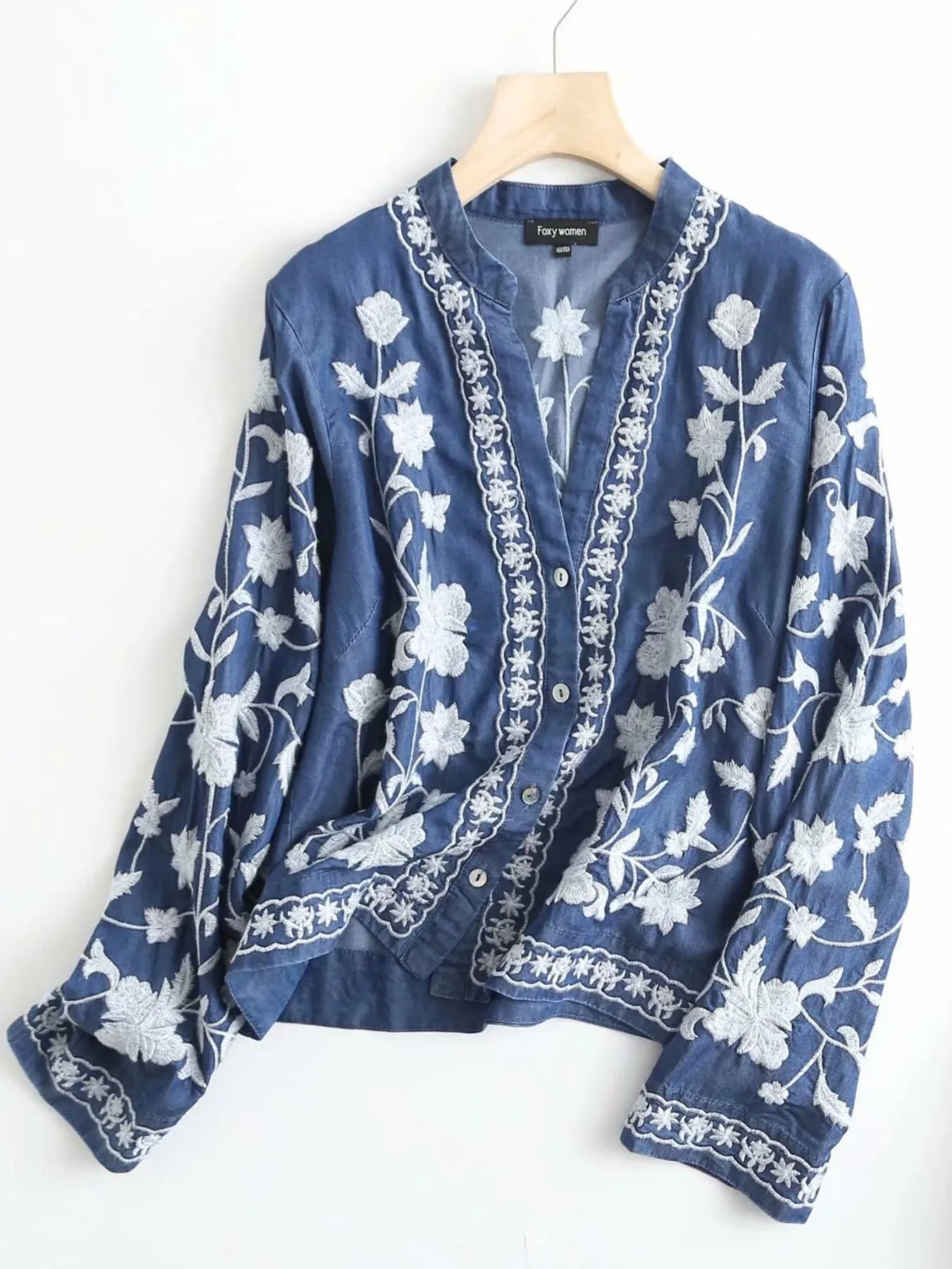 Floral Embroidered Button Up Denim Shirt - Lilixa.store