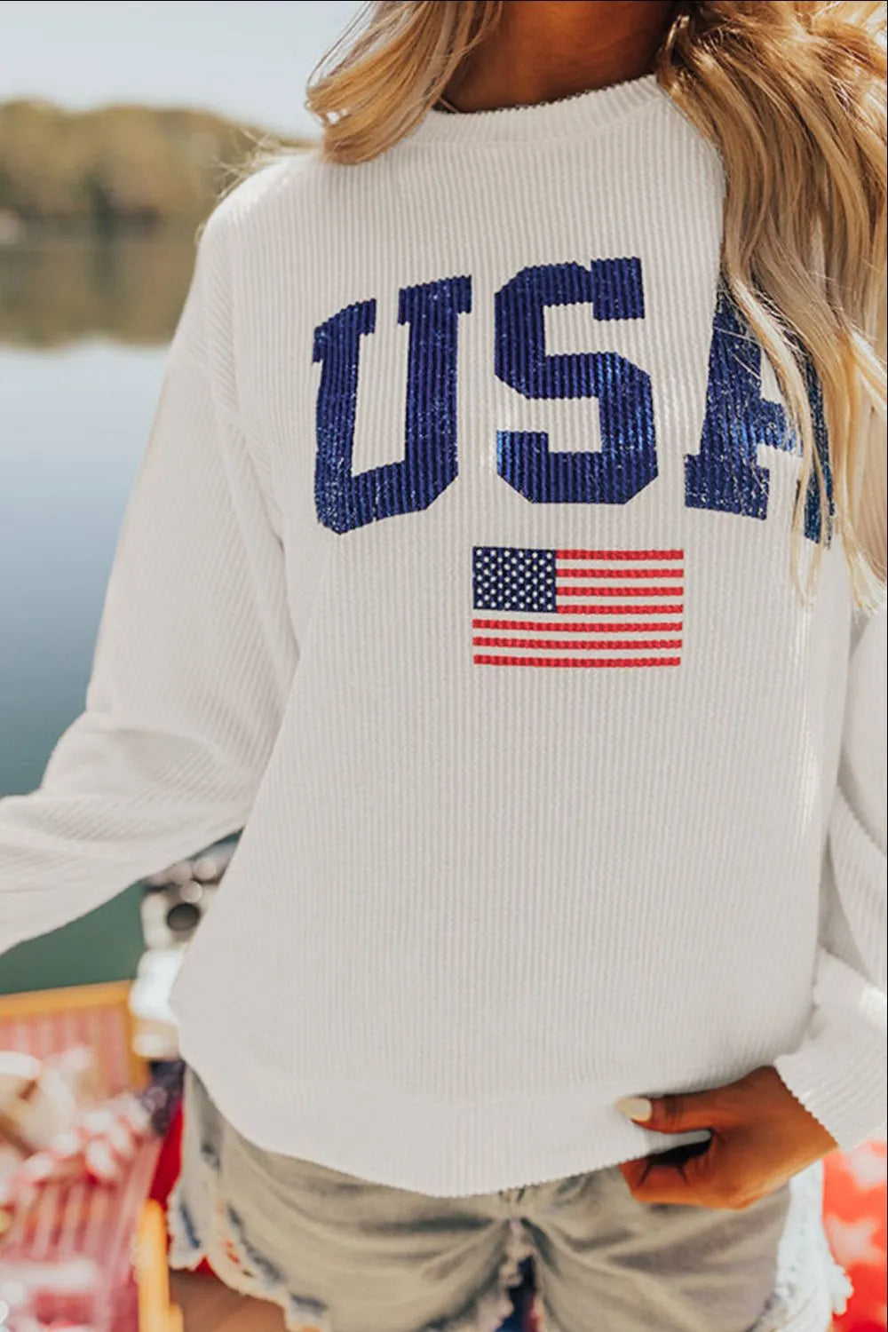 US Flag Corded Long Sleeve Sweatshirt - Lilixa.store