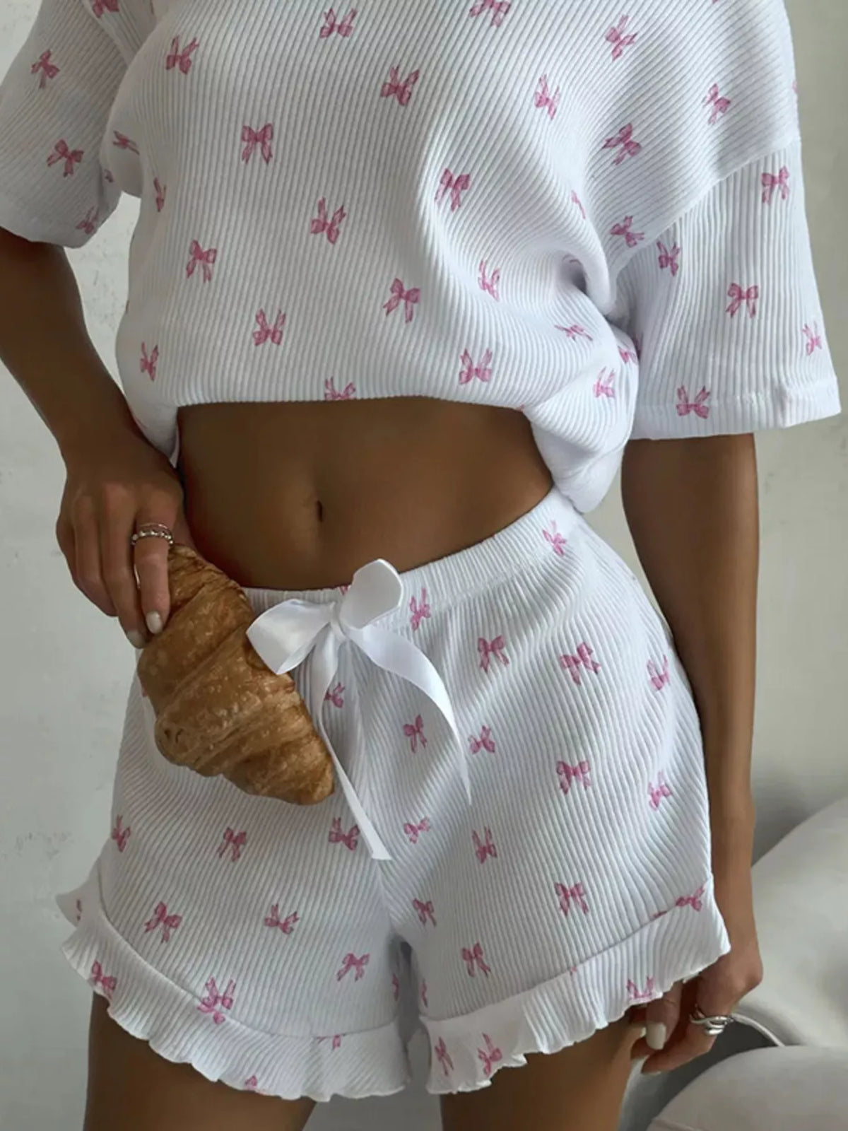 Ribbed Knit Bow Print Top and Shorts Lounge Set - Lilixa.store