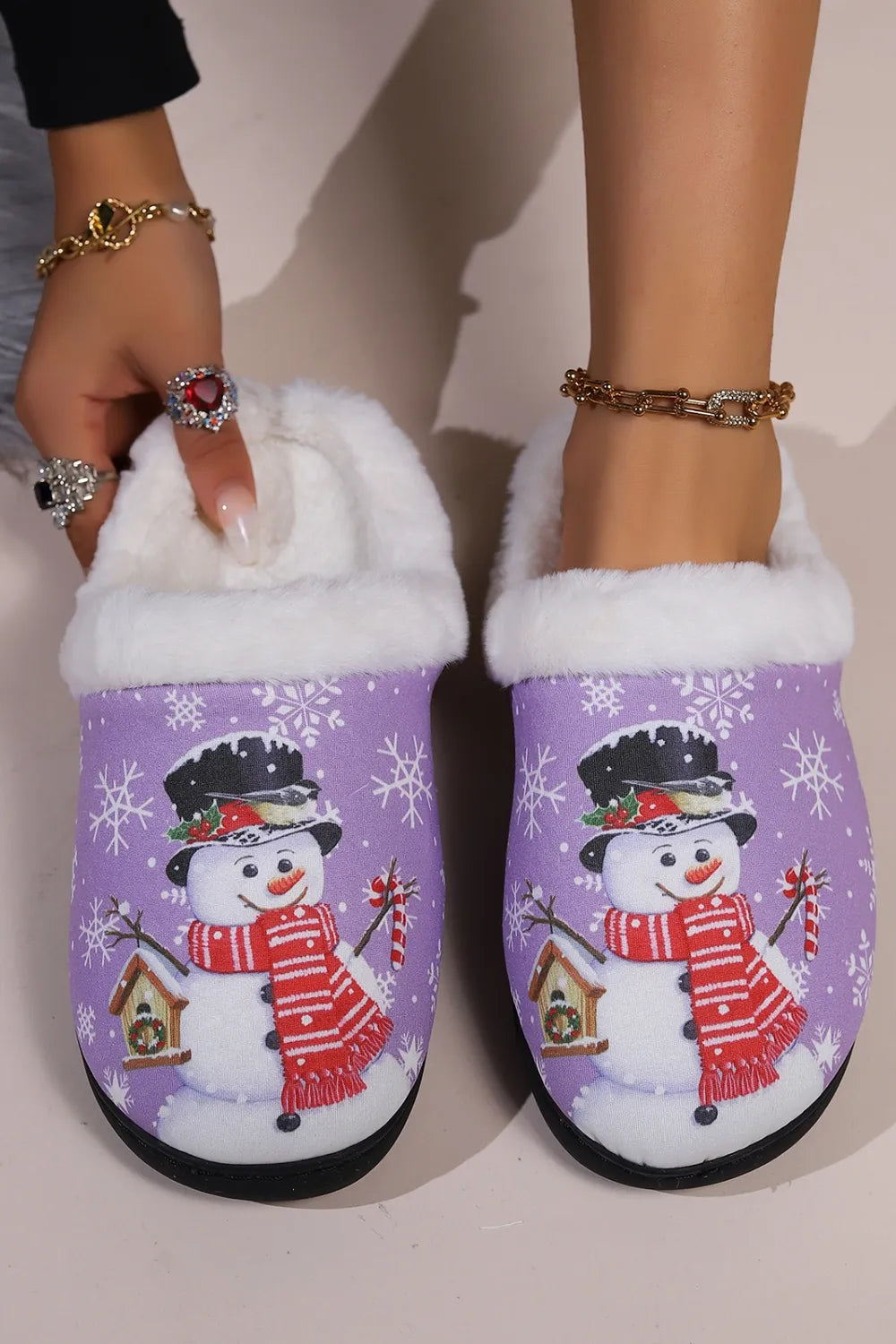 Snowman Round Toe Faux Fur Slippers - Lilixa.store