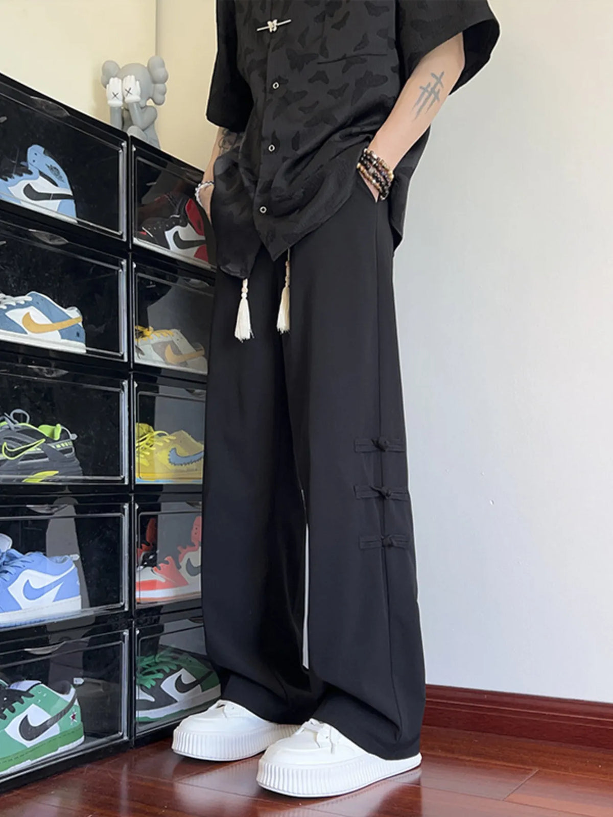 Men's Plus Size Drawstring Wide Leg Pants in Black