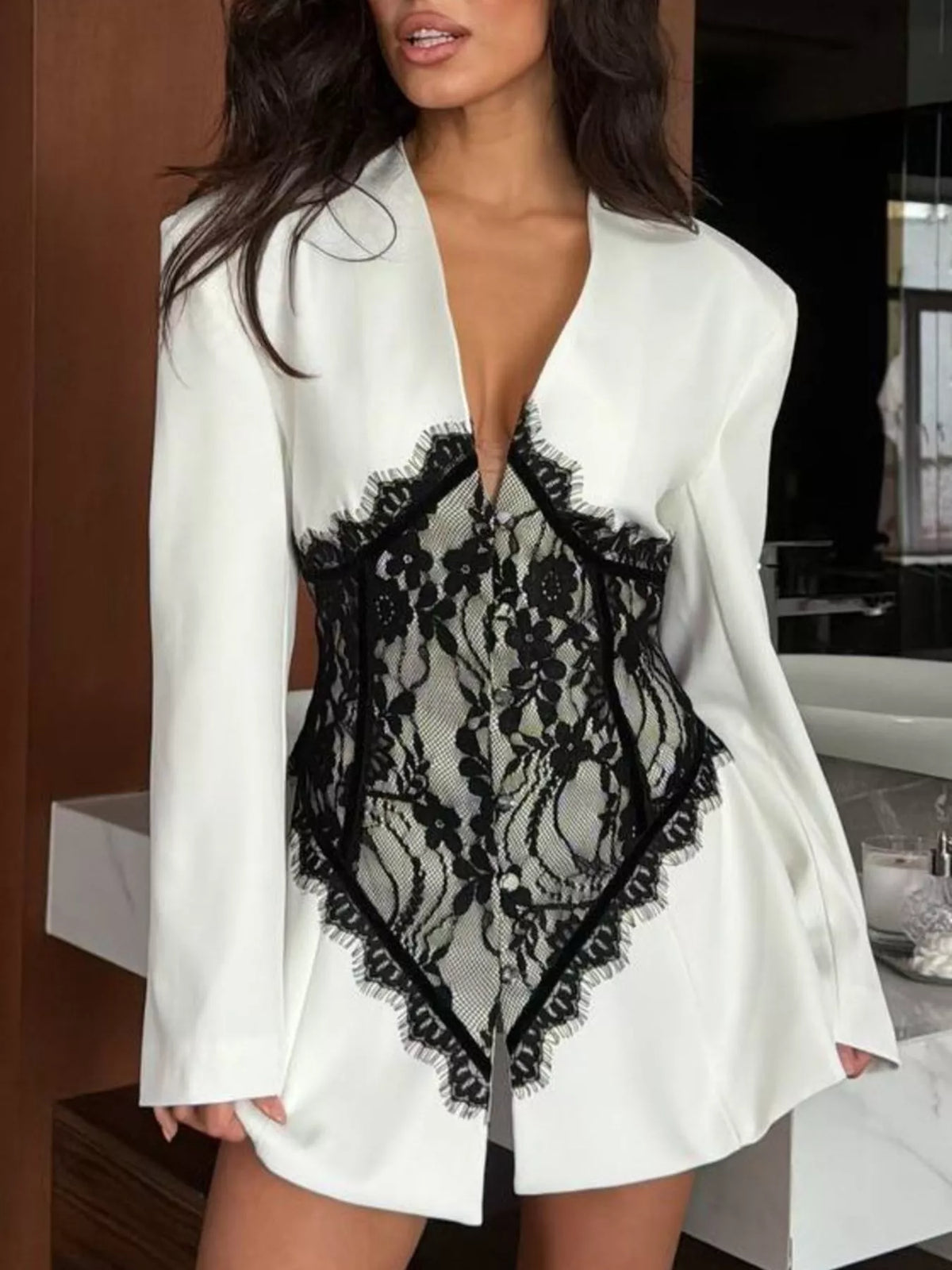 Lace Detail Long Sleeve Blazer - Lilixa.store