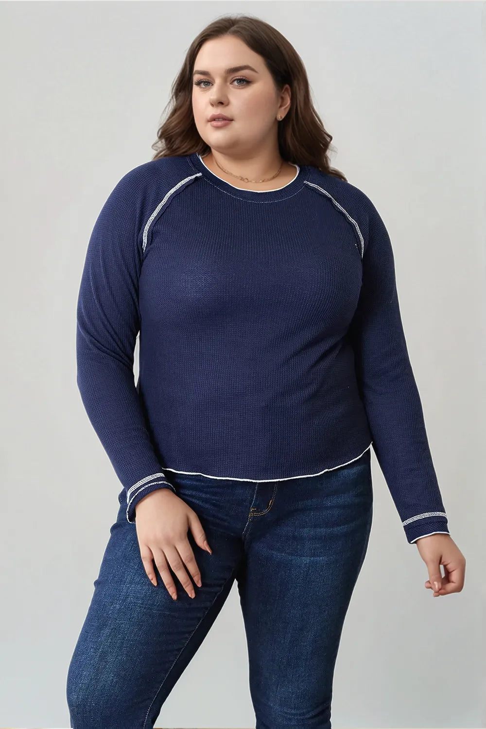 Basic Bae Long Raglan Sleeve Round Neck Top in Dark Blue