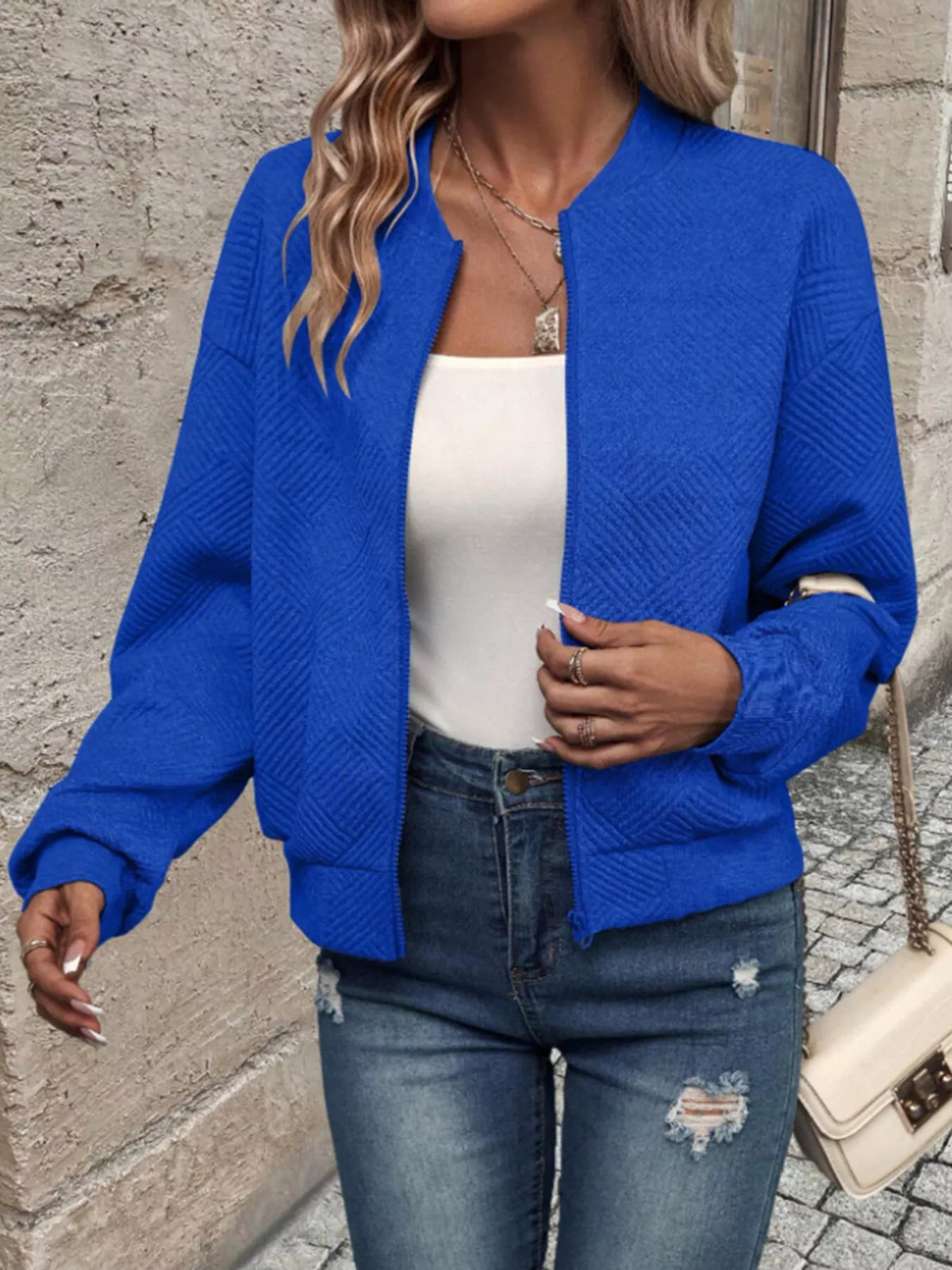 Textured Knit Zip-Up Bomber Jacket, view 17