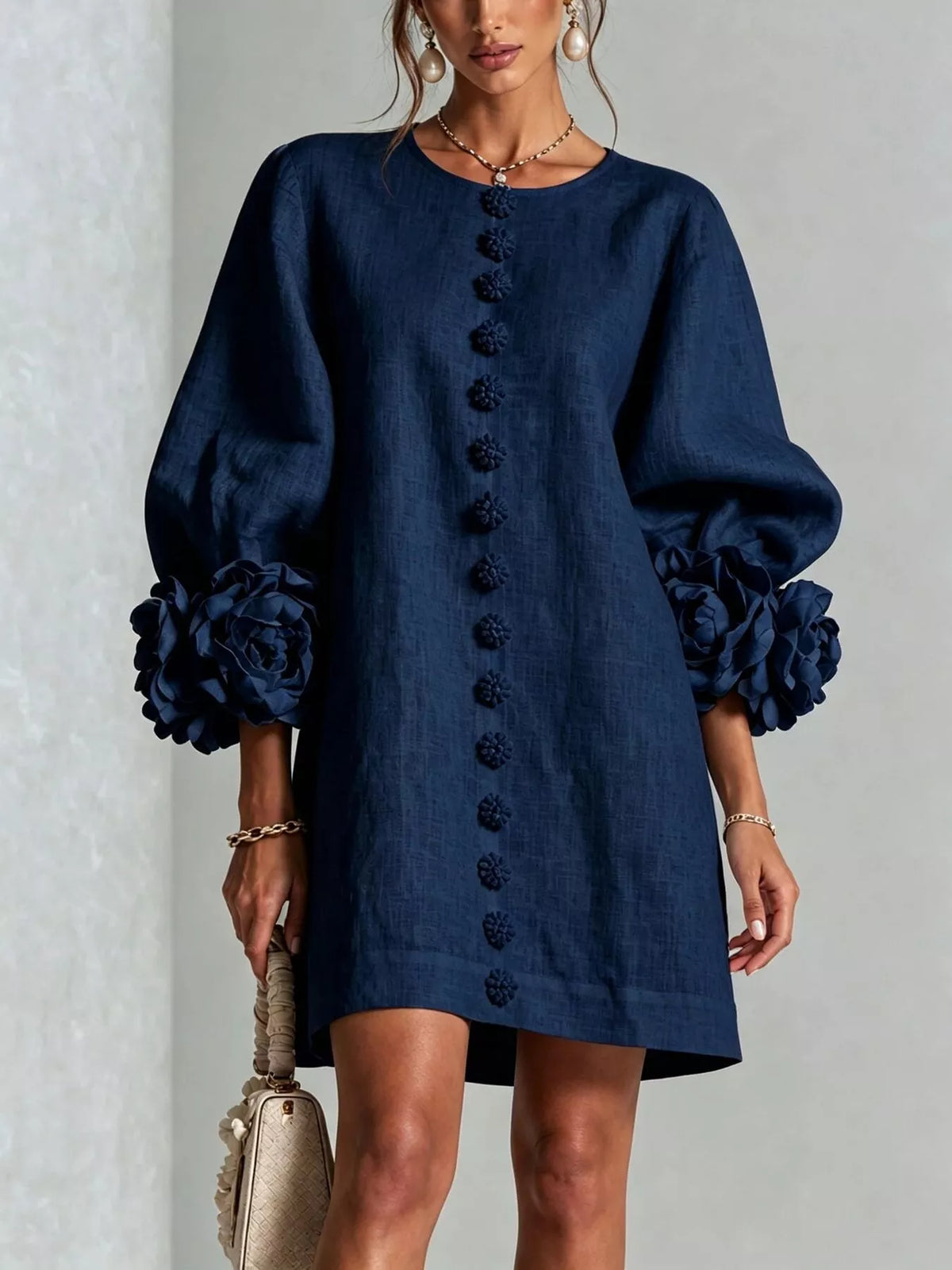 Full Size 3D Floral Round Neck Mini Dress Plus Size - Lilixa.store
