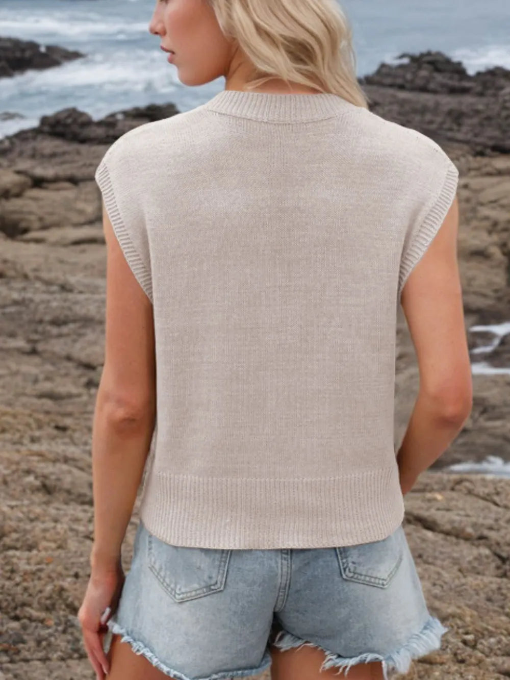Ribbed Hem V-Neck Sweater Vest, view 5