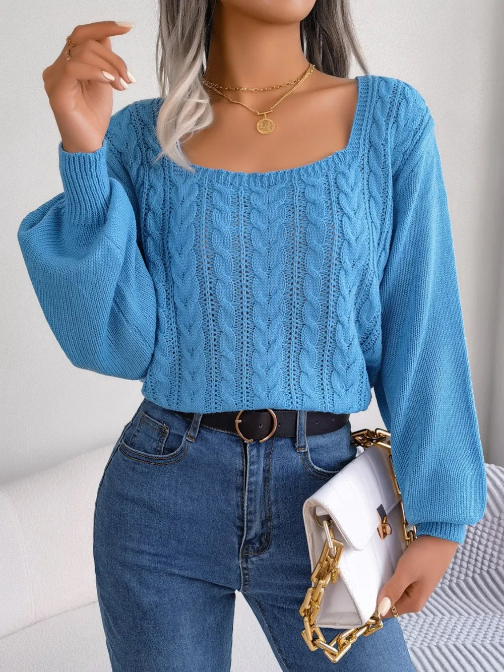 Cable-Knit Square Neck Long Sleeve Sweater, view 4