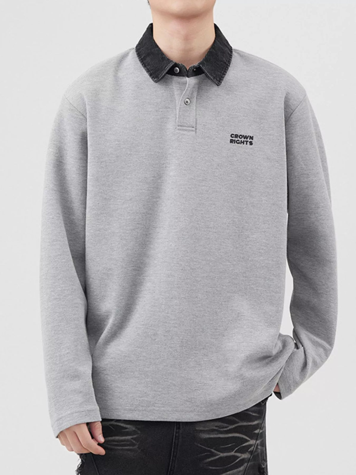 Men's Plus Size Collared Neck Long Sleeve Polo in Gray