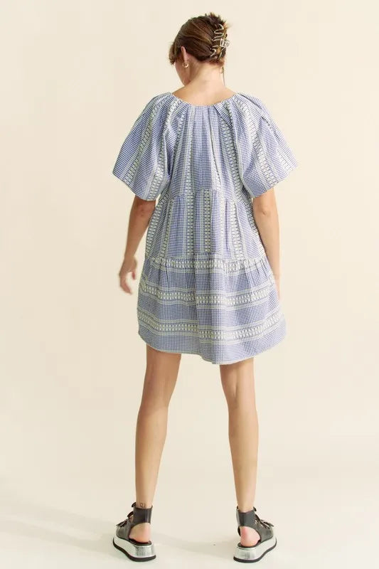 Davi & Dani Embroidered Stripe Ruffled Gingham Mini Dress - Lilixa.store