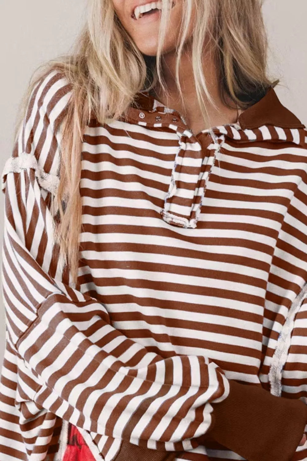 Oversized Striped Henley Sweatshirt - Lilixa.store