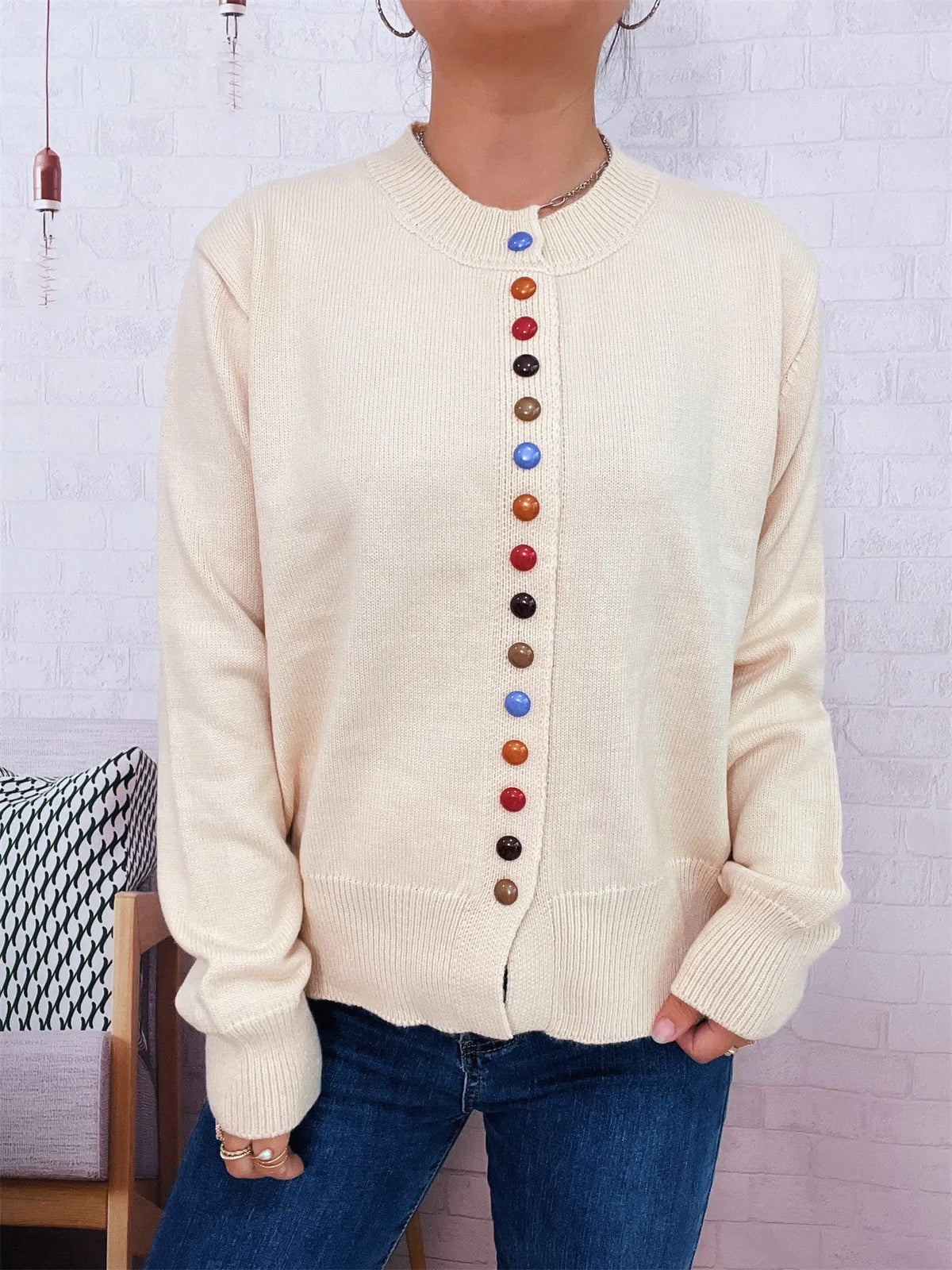 Button-Front Cardigan with Colorful Detail Buttons - Lilixa.store