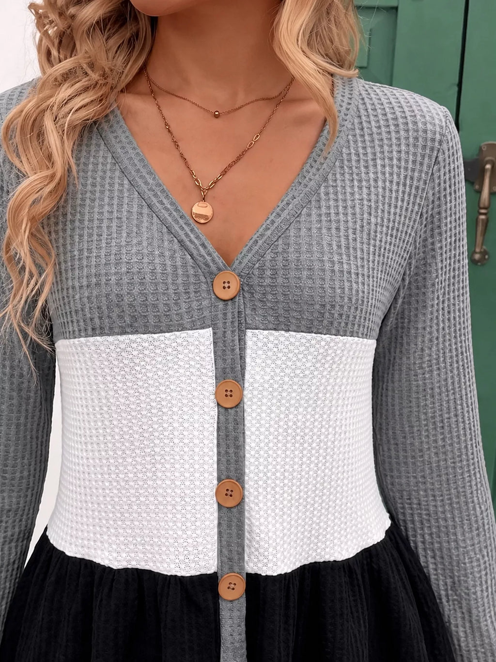 Color Block Waffle Knit Button-Down Cardigan - Lilixa.store